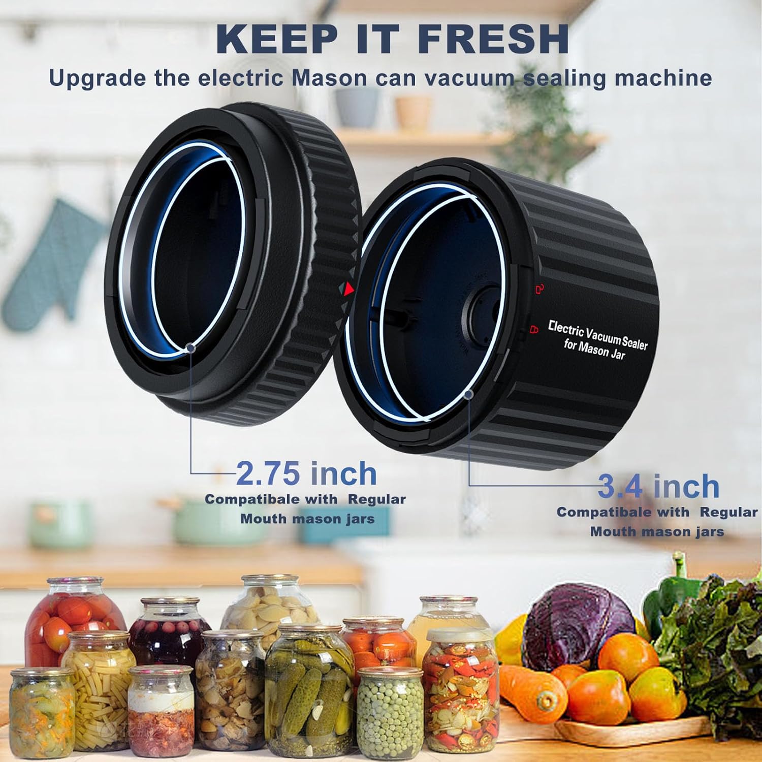 Kit de sellado al vacío eléctrico de tarros de boca ancha y boca regular, utensilios de cocina máquina de sellado al vacío con función de parada