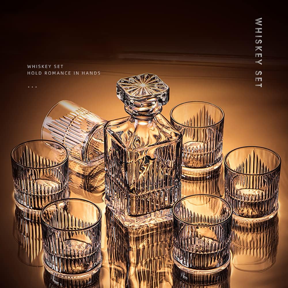 Decantador de vino y whisky de 7 piezas de cristal hecho a mano italiana con 6 vasos de licor, whisky escocés y bourbon para hombre