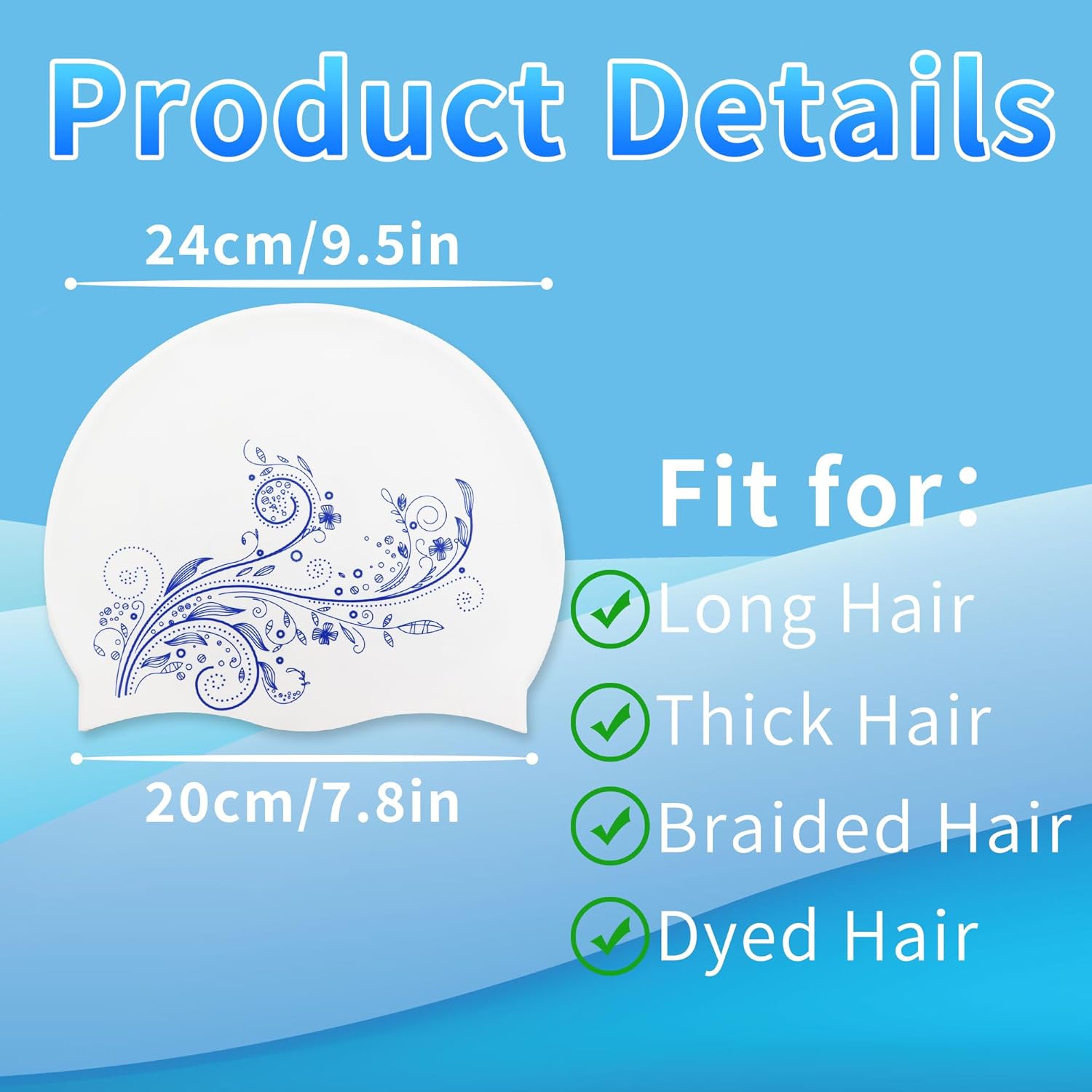 8 gorros de natación para mujeres adultas, gorro de natación para mujeres de cabello largo de silicona con tapones para la nariz para mujeres