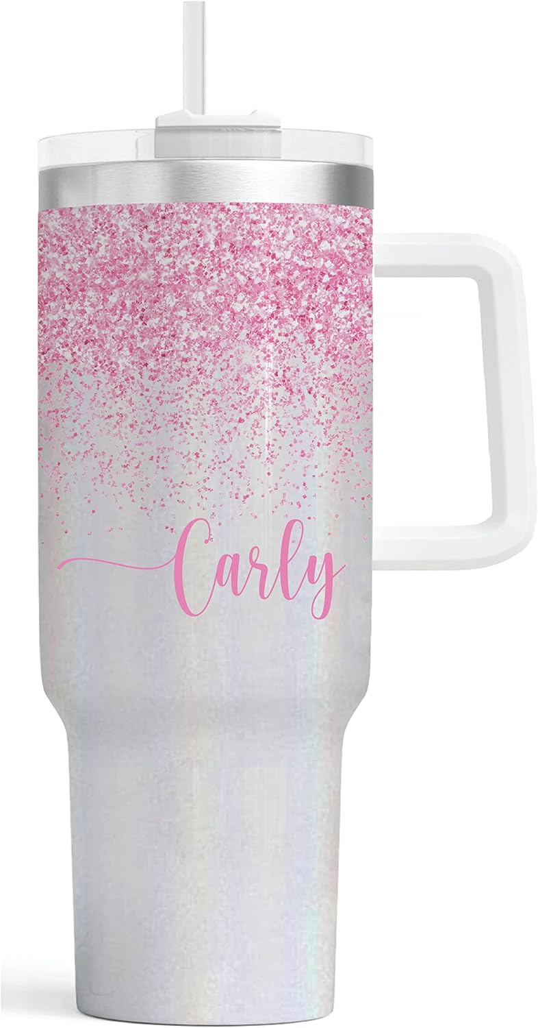 Vaso personalizado de 40 onzas con asa, vaso aislado de acero inoxidable, taza de viaje, taza de café de doble pared para bebidas calientes y frías,