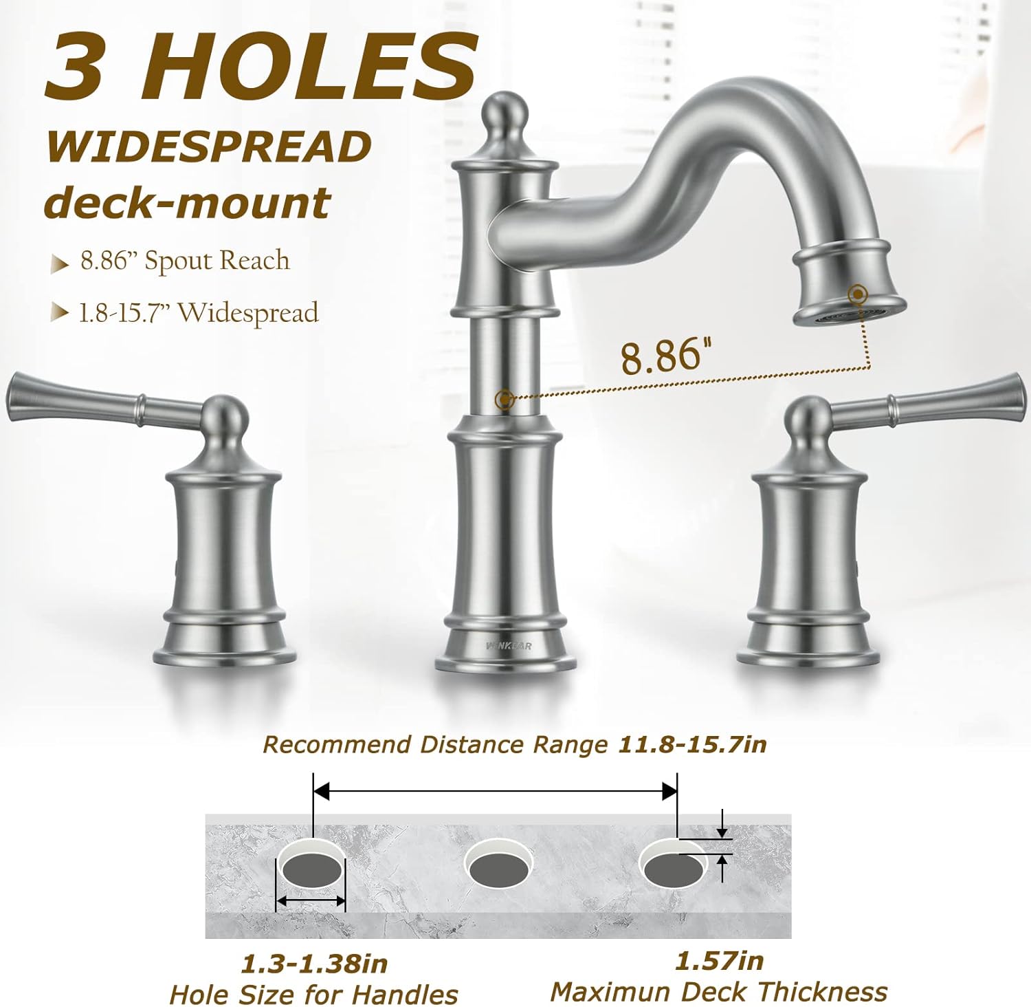 Grifo romano para bañera de montaje en cubierta para baño, boquilla clásica elegante y generalizada con 3 agujeros, cartucho de válvula de 2 manijas