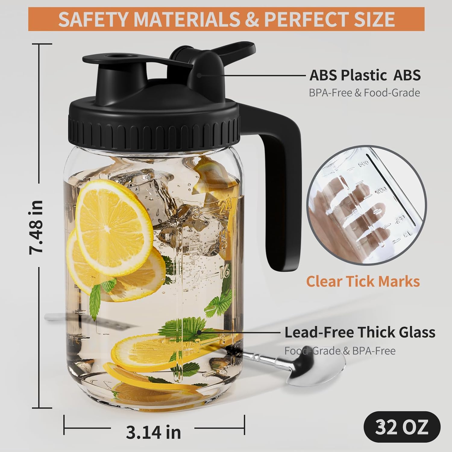 Jarra de vidrio Mason de 32 onzas con tapa de boquilla de vertido, sellado hermético, ideal para café frío, jugo, limonada y más, jarra de vidrio