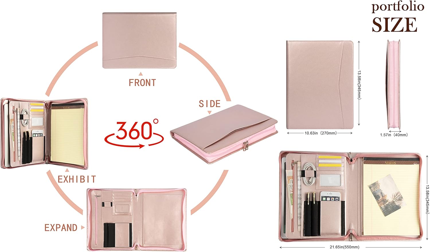 Portafolio de cuero personalizado con cremallera, cartera de negocios profesional con soporte para bloc de escritura de letras A4US para