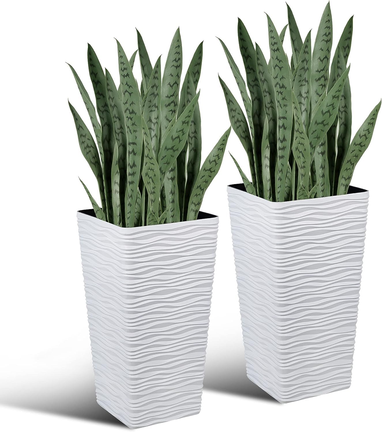Worth Jardín artificial 20 plantas de serpiente verde de 25.6 pulgadas y 2 macetas altas blancas de 22 pulgadas, contenedores de árbol de 7 galones,