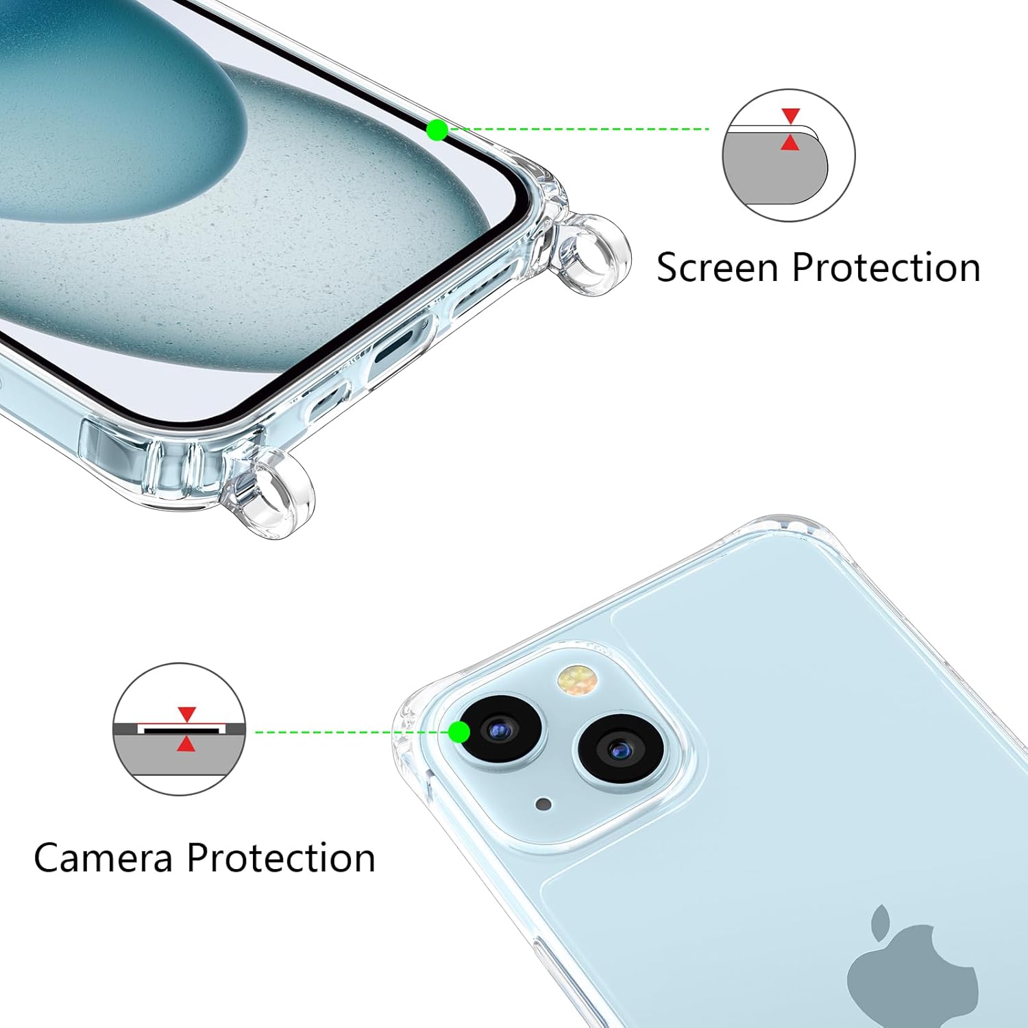 ZTOFERA Compatible con iPhone 15, funda transparente con cordón ajustable, TPU suave y delgada, a prueba de golpes, funda protectora cruzada para