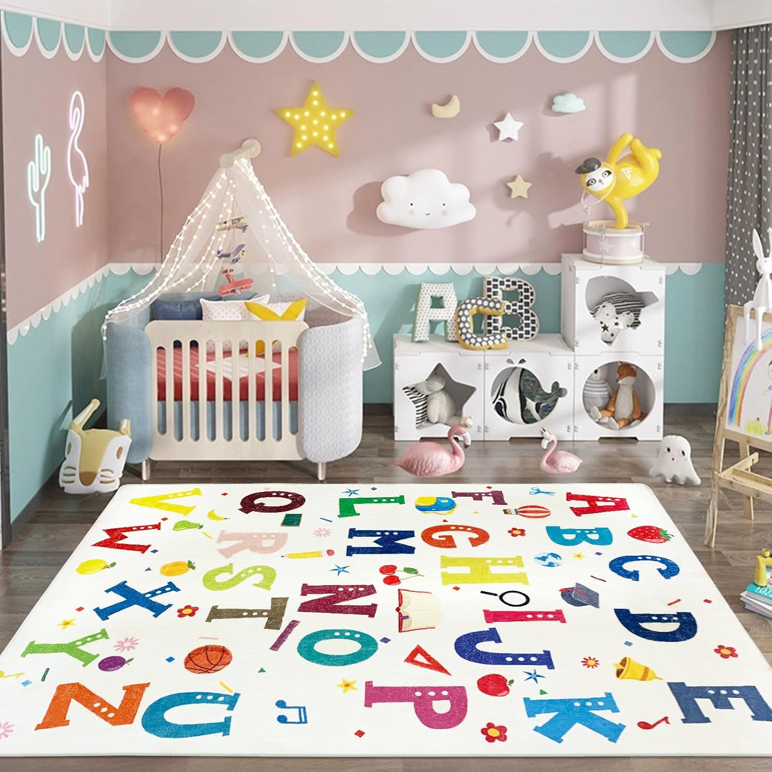USTIDE Alfombra grande ABC de 5 x 7 pies (55 x 78 pulgadas), alfombra colorida para niños para sala de juegos, alfombra de juego lavable,