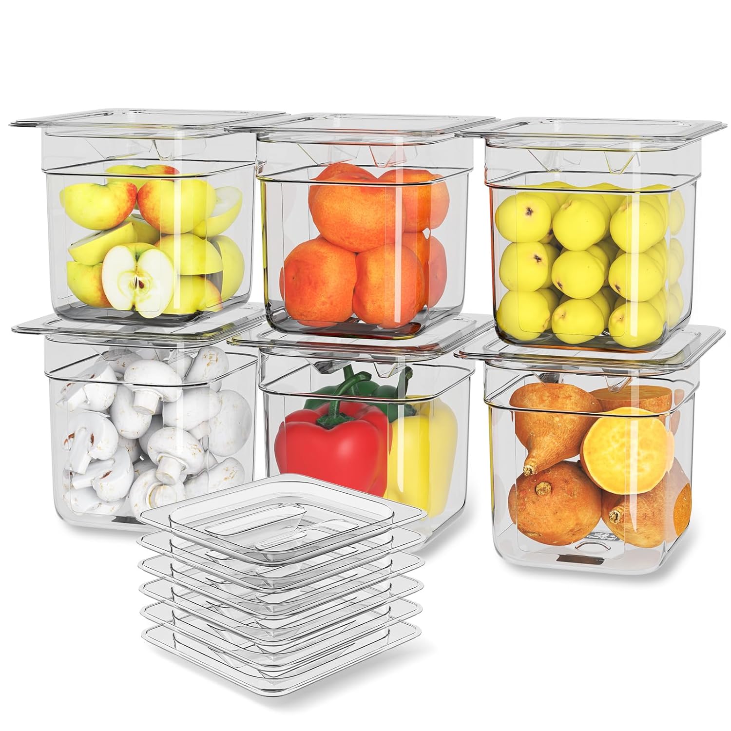 Paquete de 6 sartenes de plástico para alimentos con tapa, tamaño 16 de 6 pulgadas de profundidad, recipientes transparentes de almacenamiento de