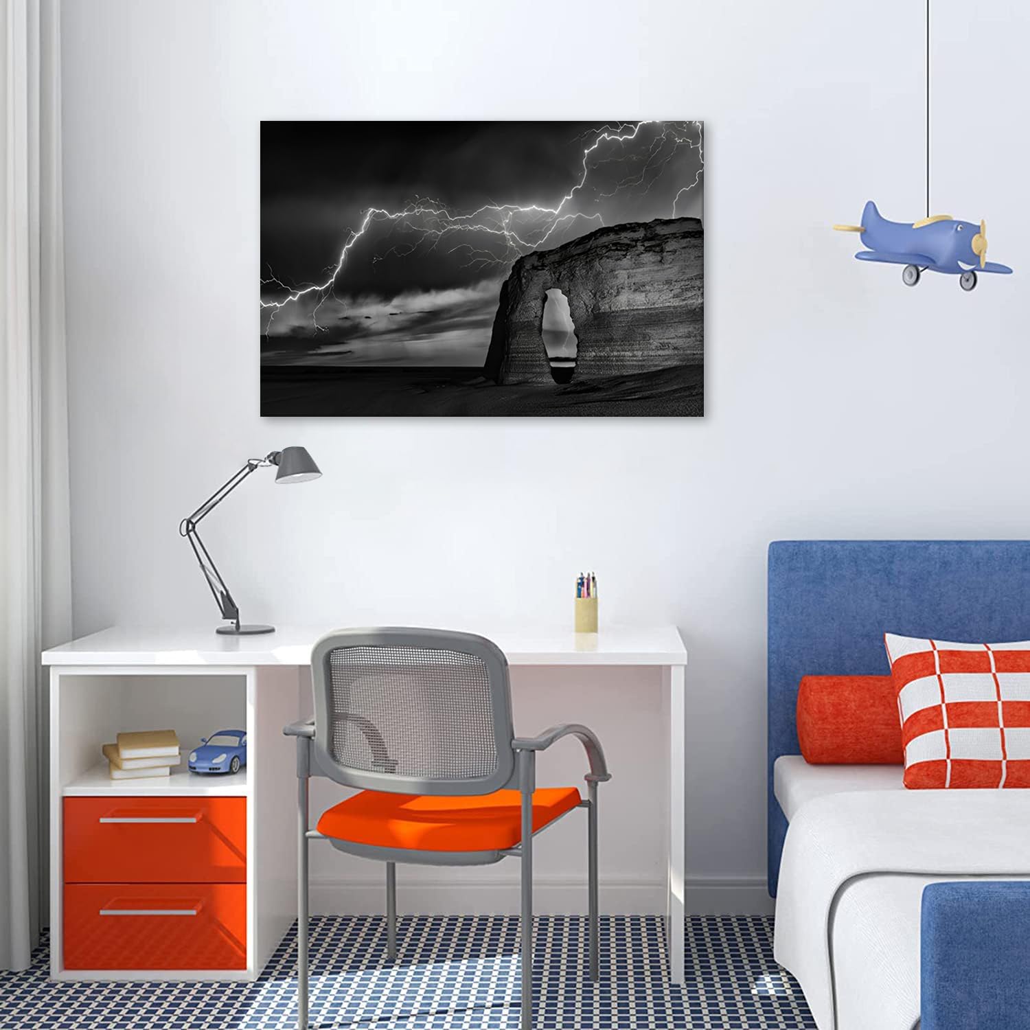 Lienzo de montaña y relámpago, arte abstracto moderno de pared, pósteres e impresiones en blanco y negro, decoración de pared enmarcada, arte de