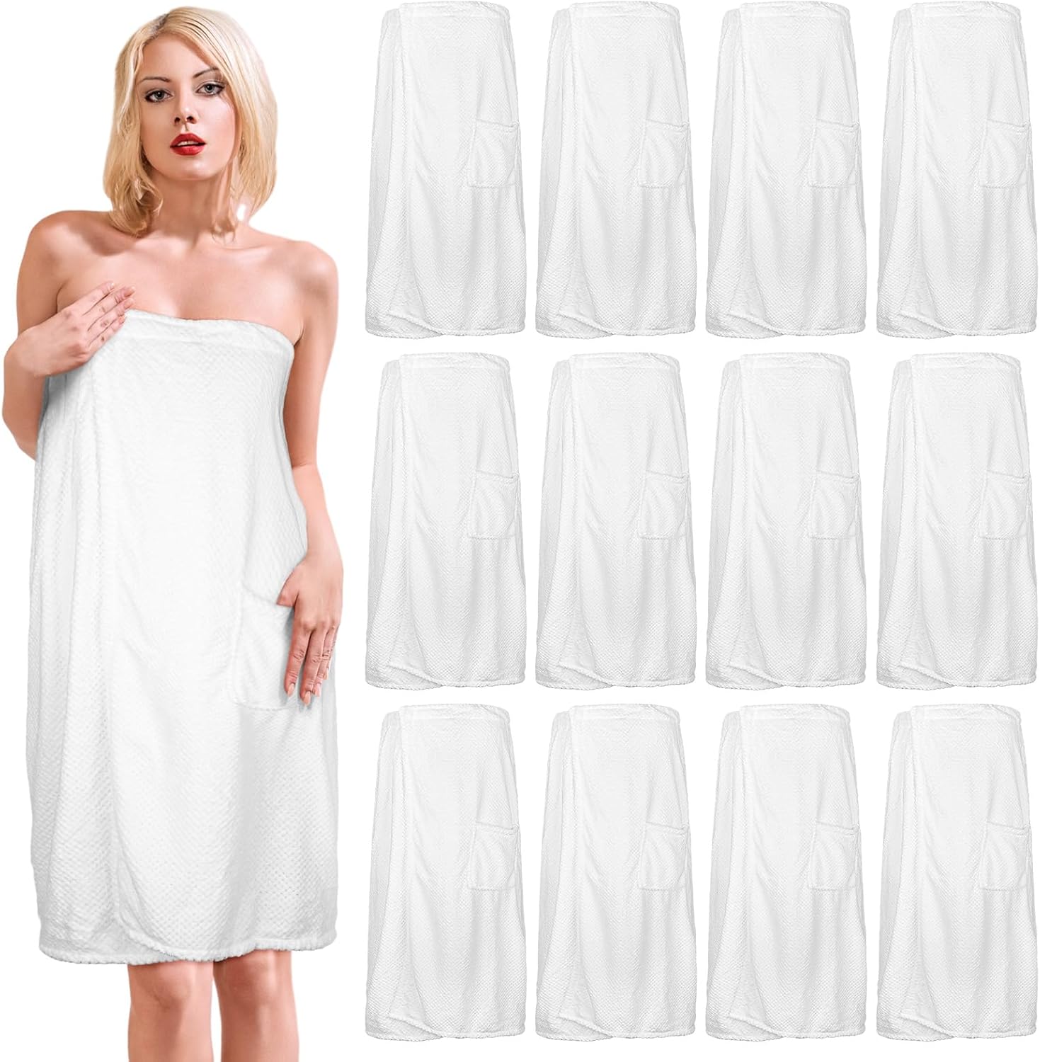 Tigeen 12 piezas de bata de spa para mujer, toallas de spa con bolsillo ajustable, toallas ligeras para baño y ducha, Blanco