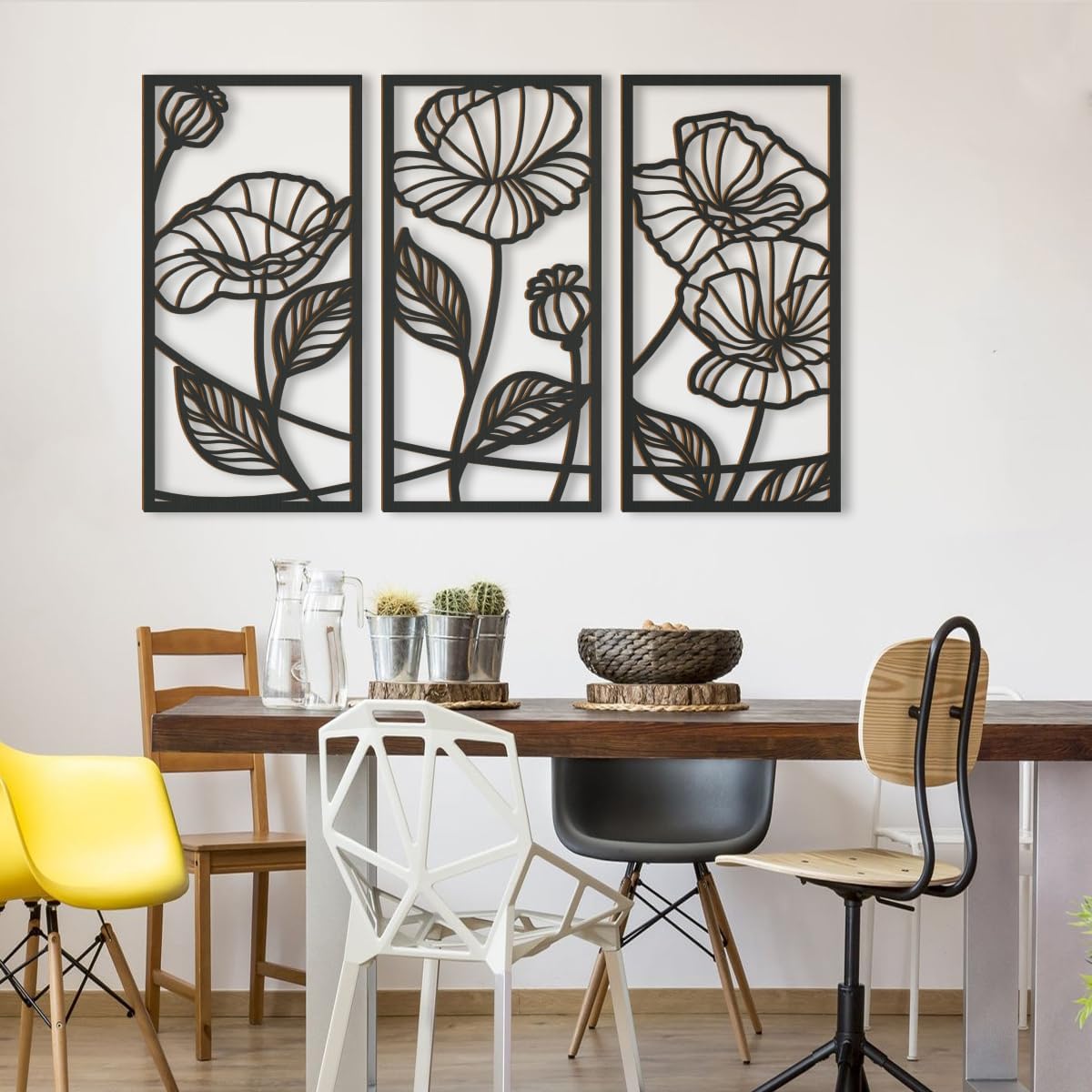 BINCUE Línea de arte de pared de madera minimalista negra, escultura moderna, decoración de pared de madera hueca 3D, 3 paneles, 16 x 32 pulgadas