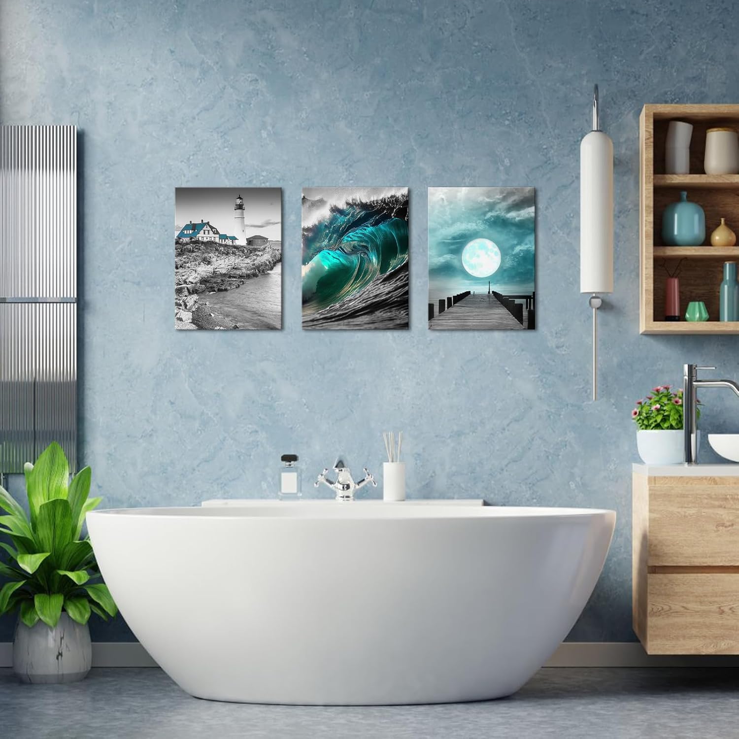 Biuteawal Arte de pared de playa en blanco y negro para decoración de baño, decoración de pared costera verde azulado para sala de estar, faro, olas