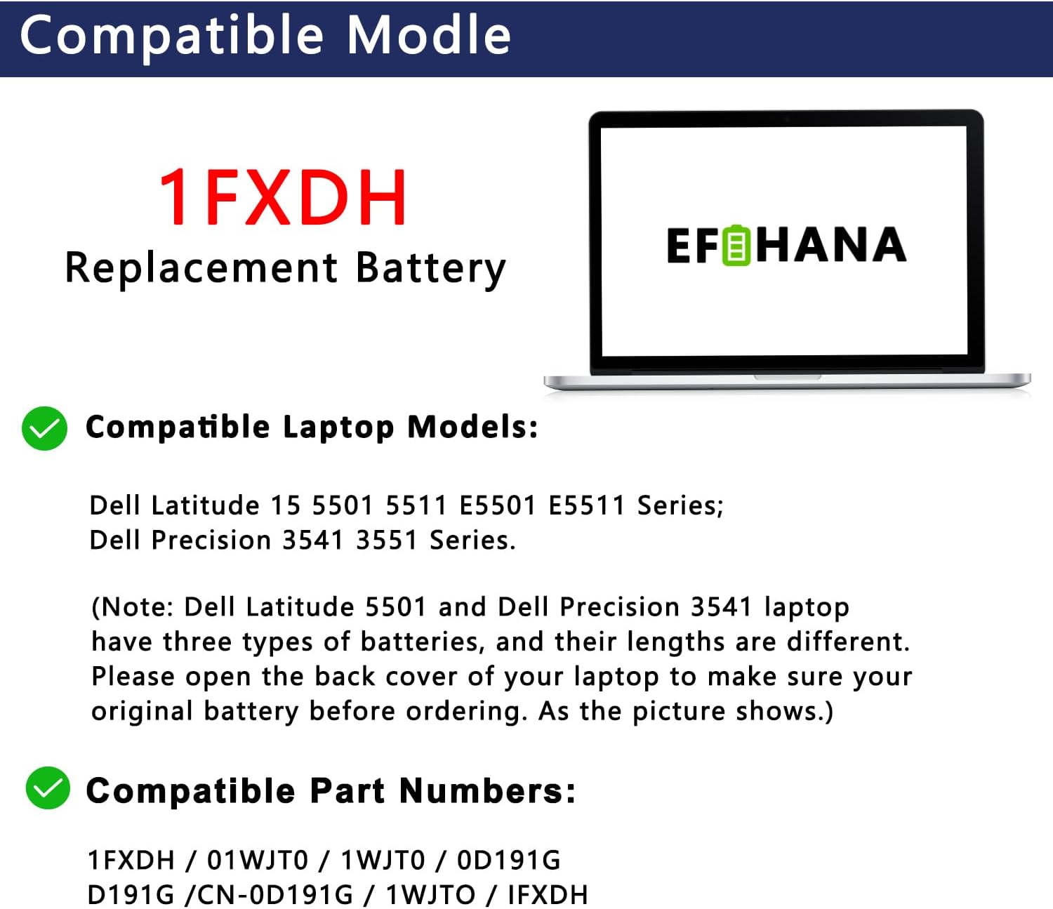 1FXDH 1WJTO – Batería de repuesto para laptop Dell Latitude 15 5501 5511 E5501 E5511 Precision 3541 3551 Series Notebook 01WJT0 1WJT0 0D191G D191G