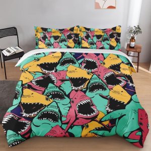 Juego de funda de edredón, juego de ropa de cama con diseño de tiburón, animales marinos, océano, para niños y adultos, decoración de dormitorio, Juego de funda de edredón, juego de ropa de cama con diseño de tiburón, animales marinos, océano, para niños y adultos, decoración de dormitorio,