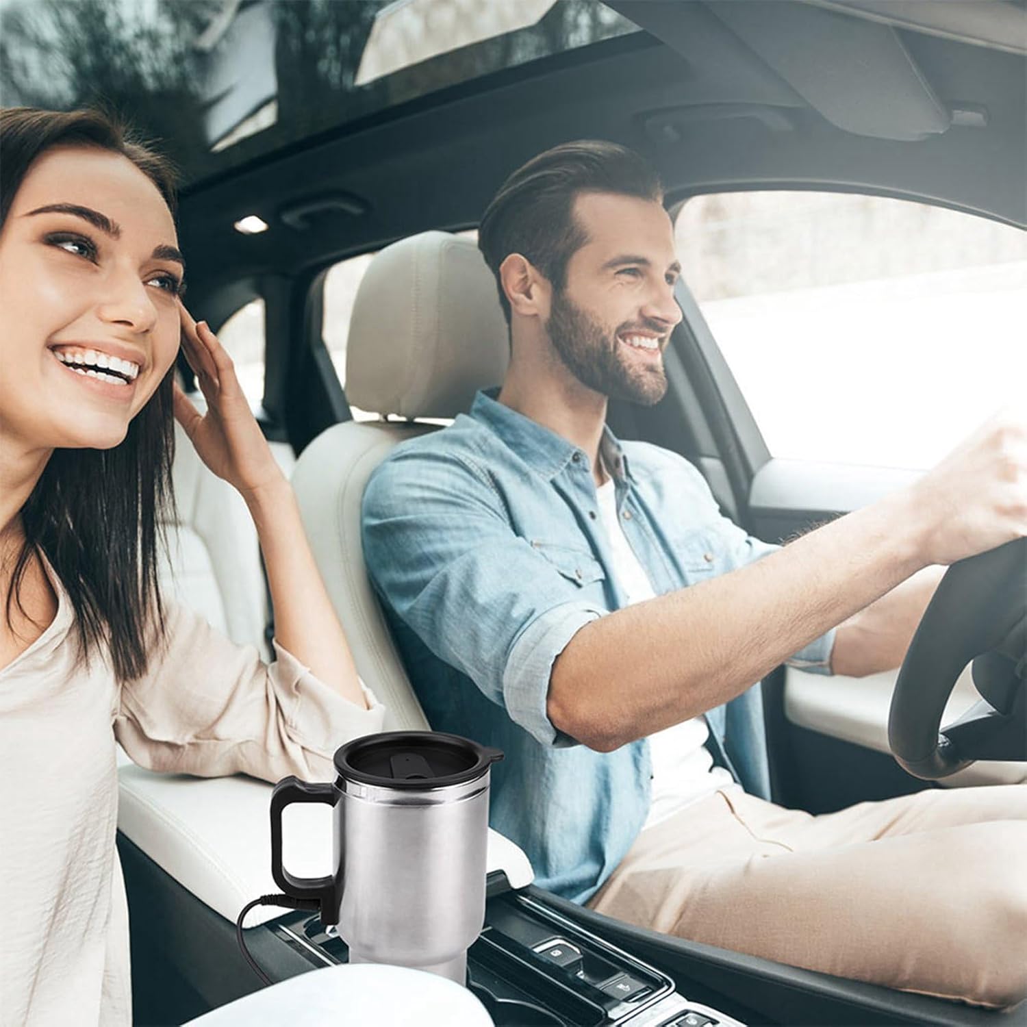Taza de calefacción para automóvil, taza de calefacción de viaje de acero inoxidable de 12 V 15.2 fl oz, taza de calefacción eléctrica para viajes,