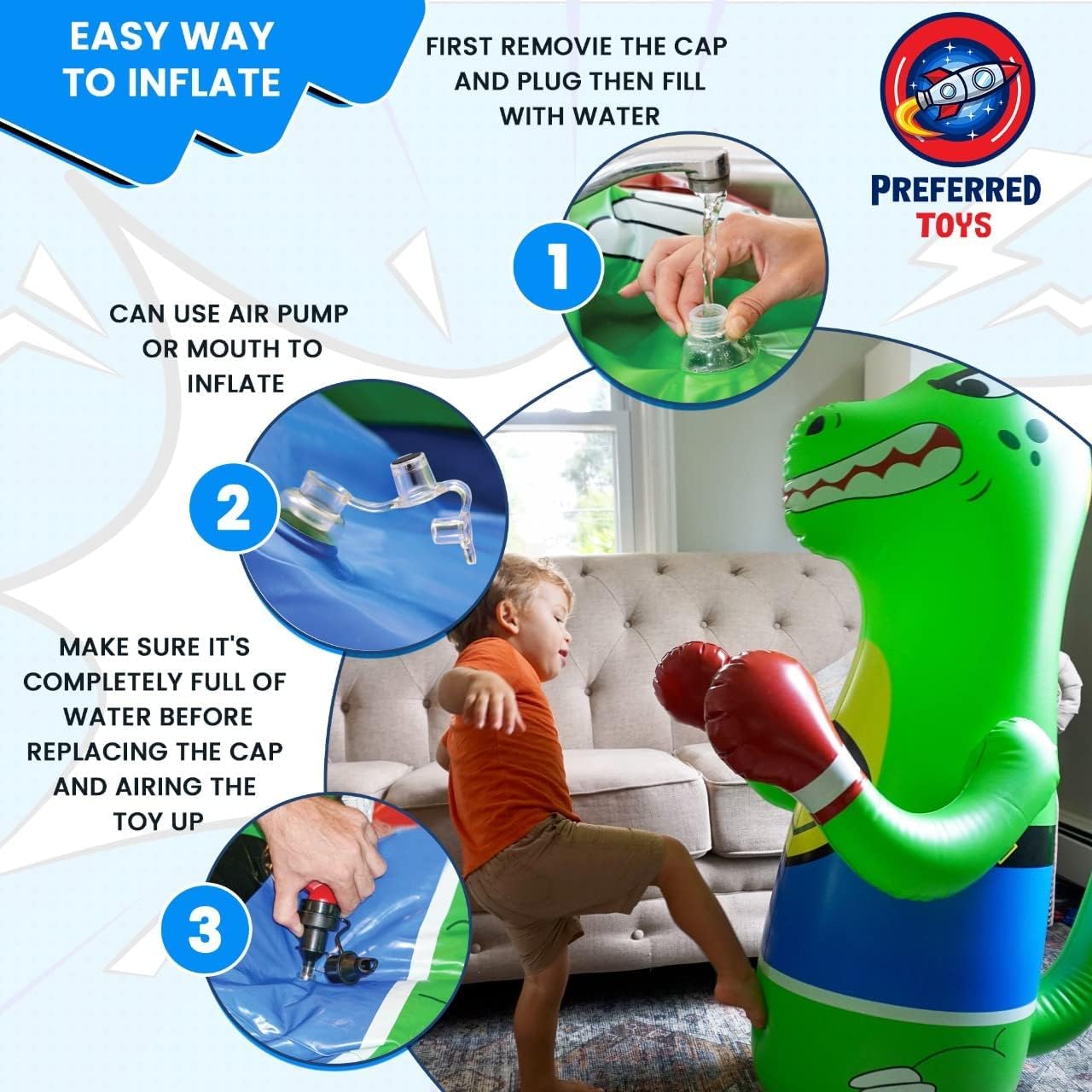 Juego de saco de boxeo inflable para niños, paquete de juguetes de boxeo inflables, dinosaurio inflable con movimiento de rebote instantáneo en la