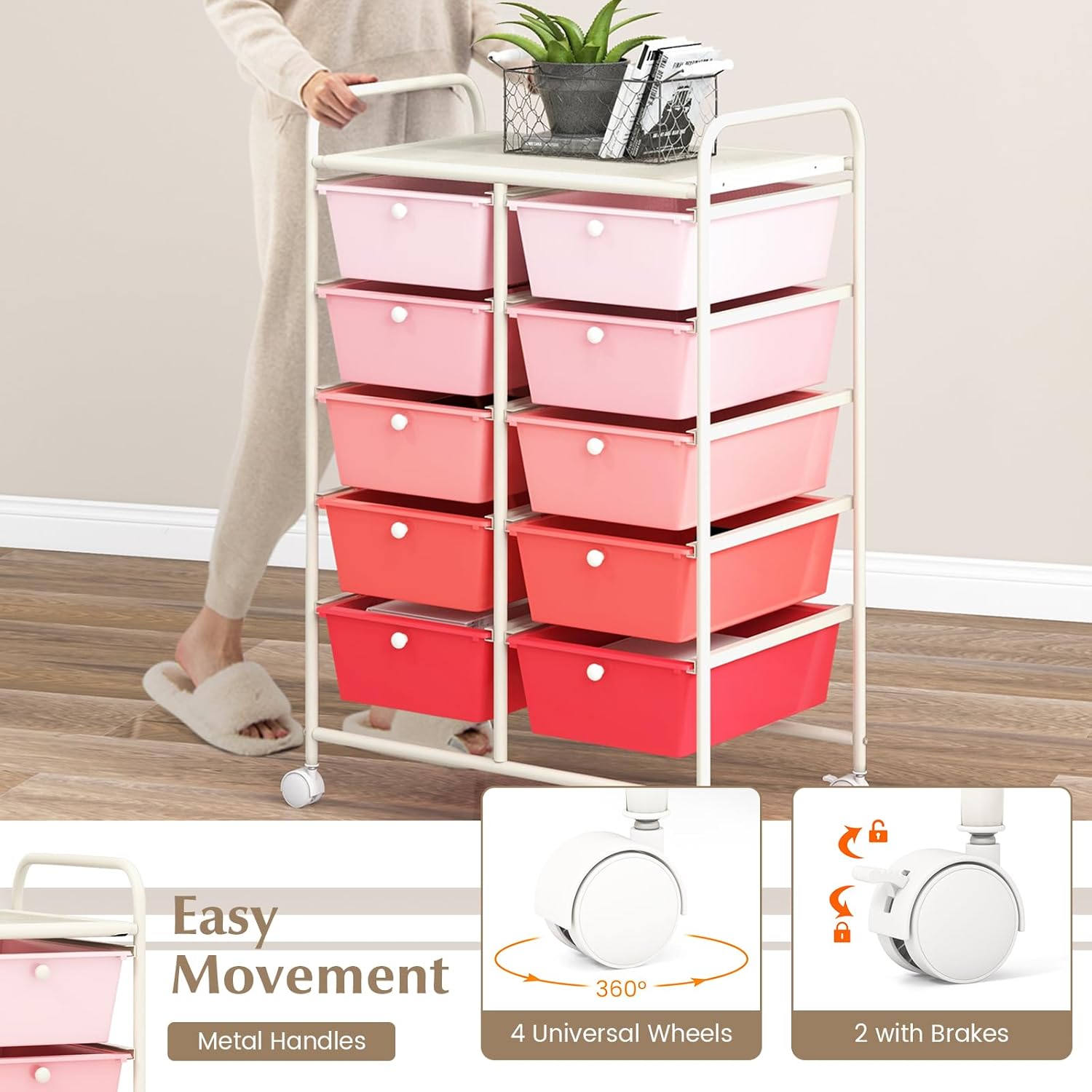 GOFLAME Carrito de almacenamiento con ruedas de 10 cajones, organizador de almacenamiento de manualidades sobre ruedas, carrito móvil multiusos para