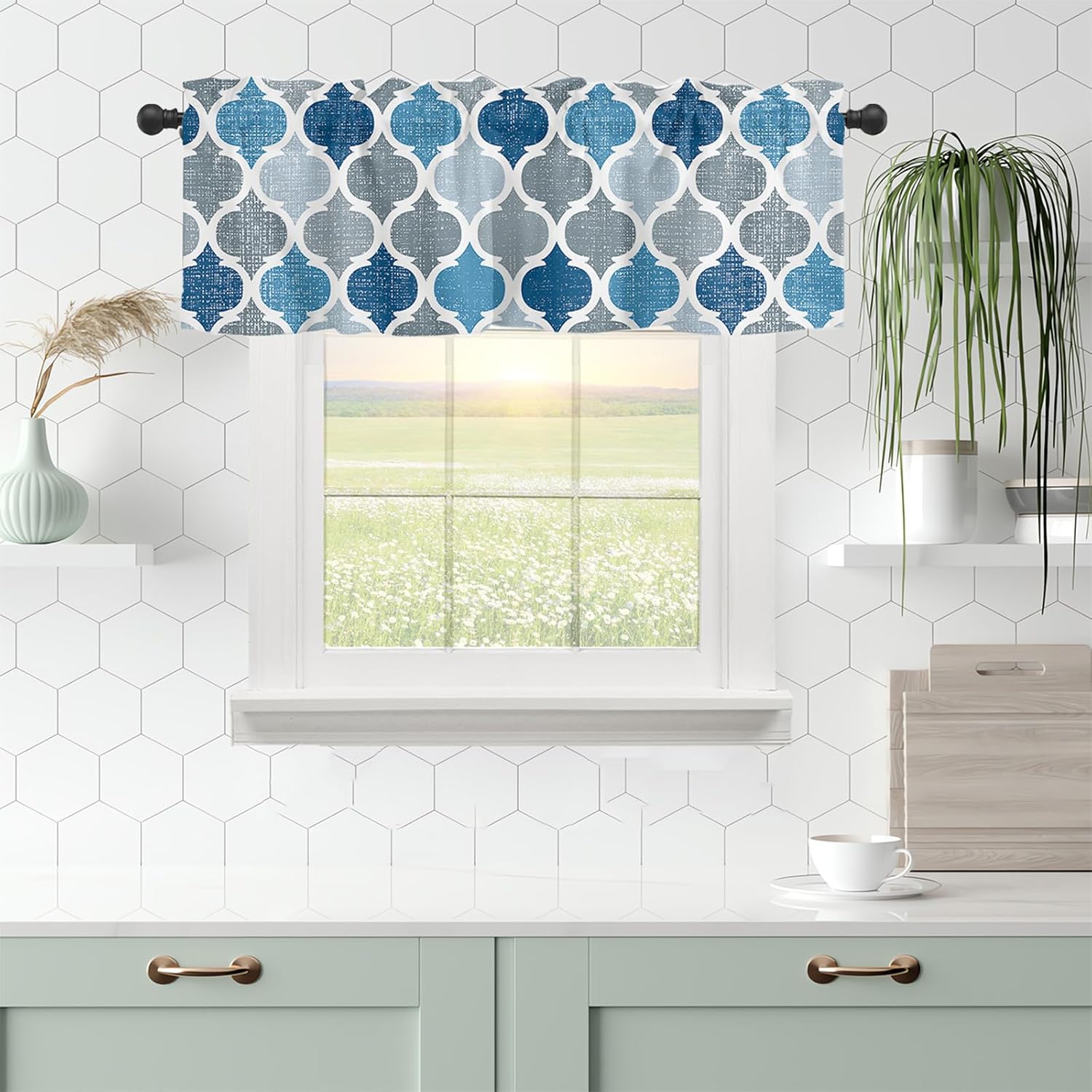 Cenefas geométricas de azulejos de Marruecos para ventanas, cenefas de cortina modernas con bolsillo para cortinero, tratamientos de ventana para