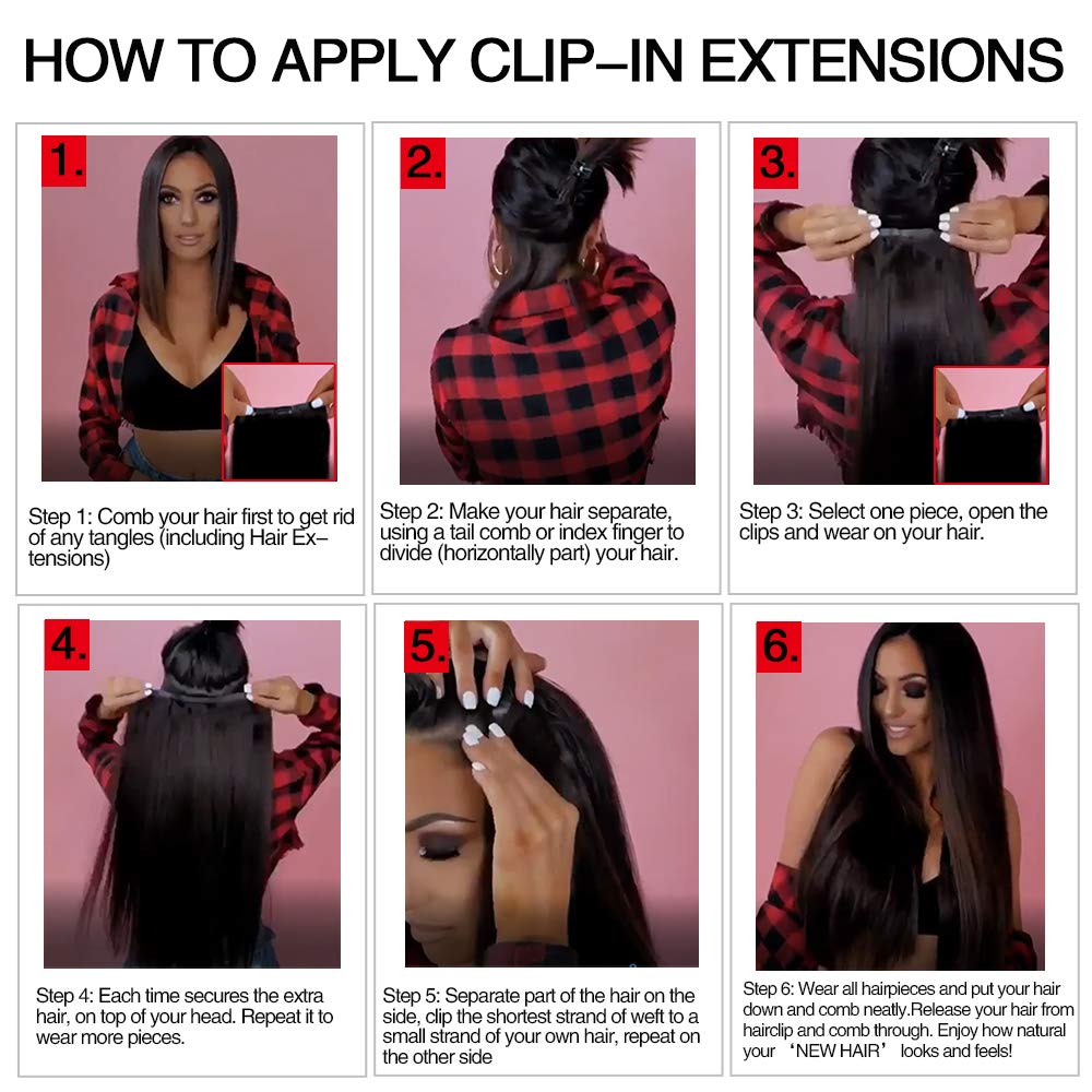 Extensiones de cabello natural recto con clip para mujeres negras, 100% sin procesar, para la cabeza completa, cabello natural virgen brasileño,