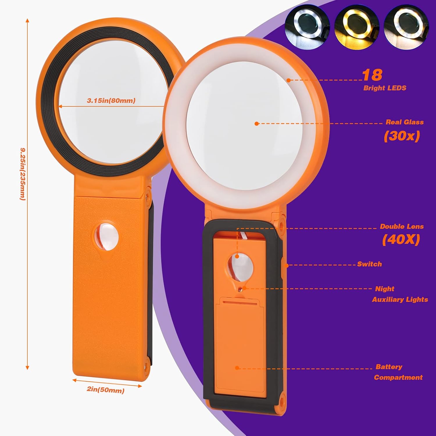 Lupa de 30 x 40X con luz y soporte, lupa plegable de mano con 18 luces LED iluminadas para degeneración macular, lectura de personas mayores,