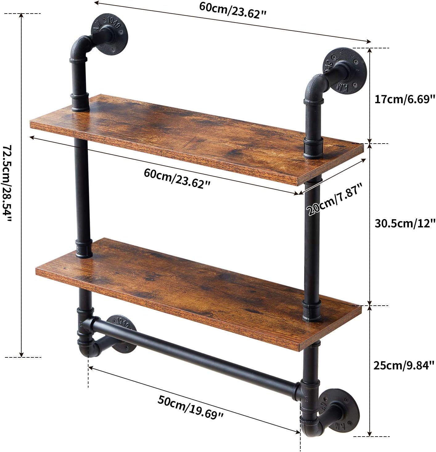 YMYNY Soporte de estante de tubo industrial, 2 niveles retro montado en la pared estante flotante, estantería de almacenamiento de bricolaje con