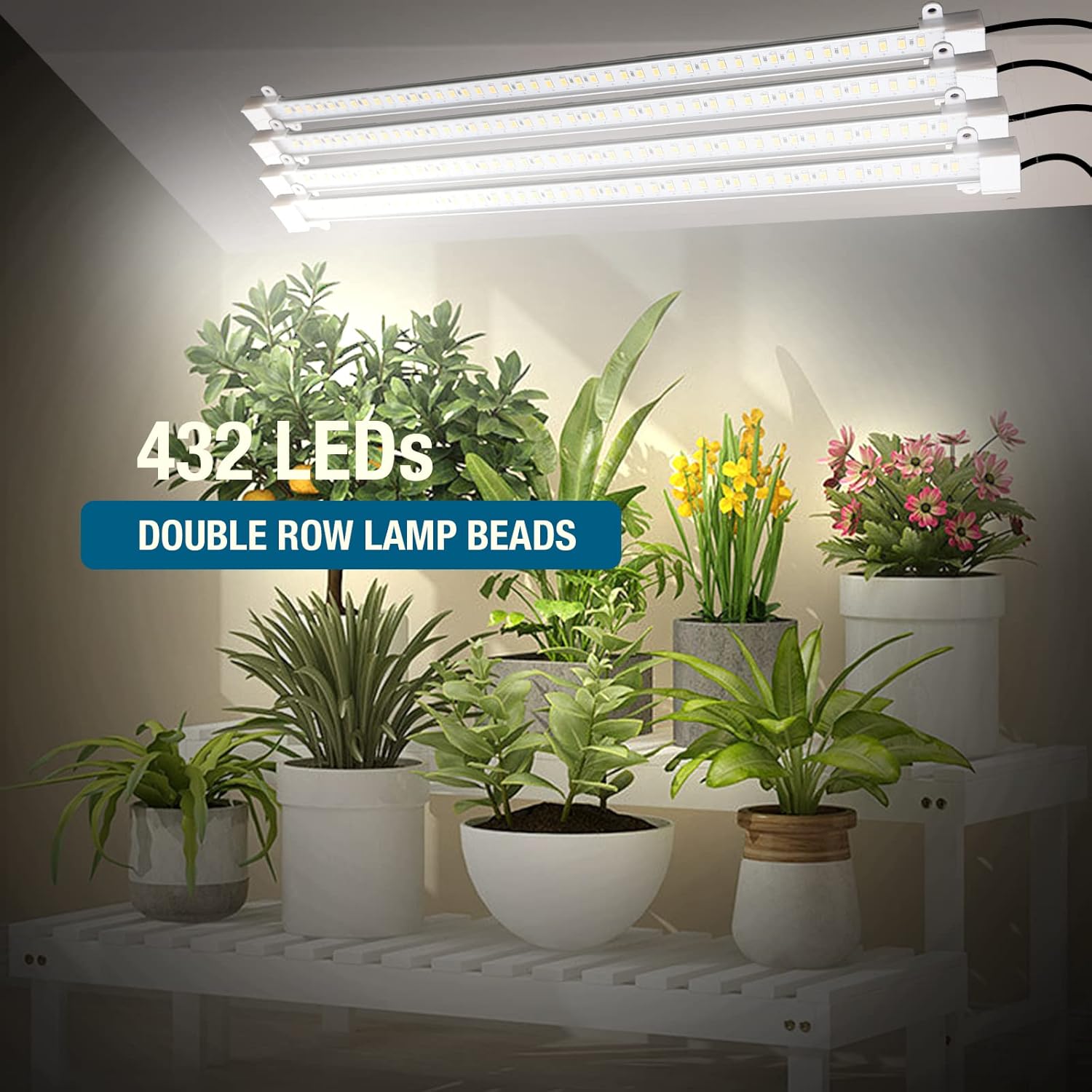 Paquete de 4 luces de cultivo para plantas de interior, tiras de luz LED DC12V, 432 luces LED de espectro completo con temporizador automático de