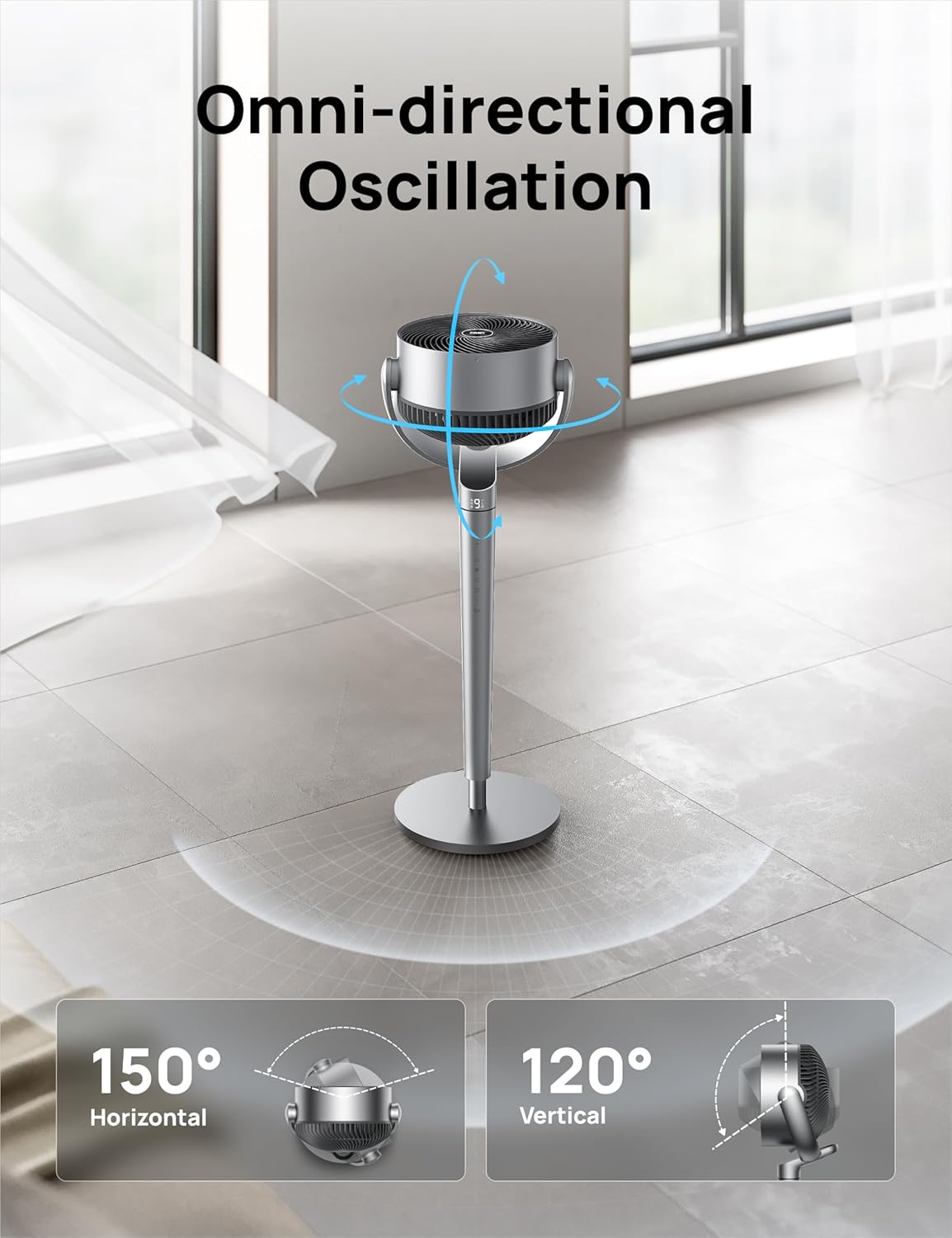 Dreo Ventilador de pedestal con control inteligente, 43 pulgadas, ventiladores silenciosos oscilantes omnidireccionales de 150 + 120 para