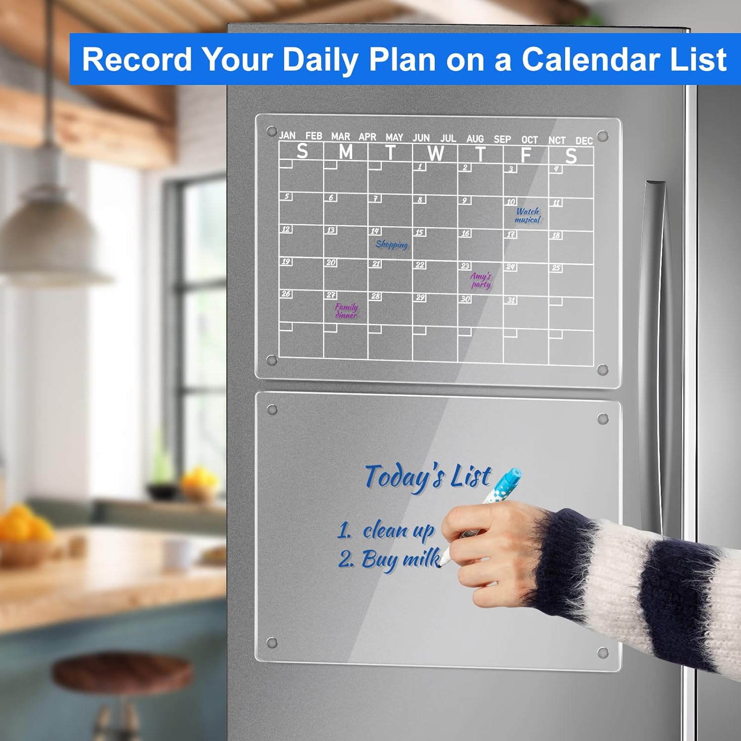 Calendario magnético acrílico de borrado en seco para refrigerador, paquete de 2 tableros de calendario transparente para refrigerador, incluye 8