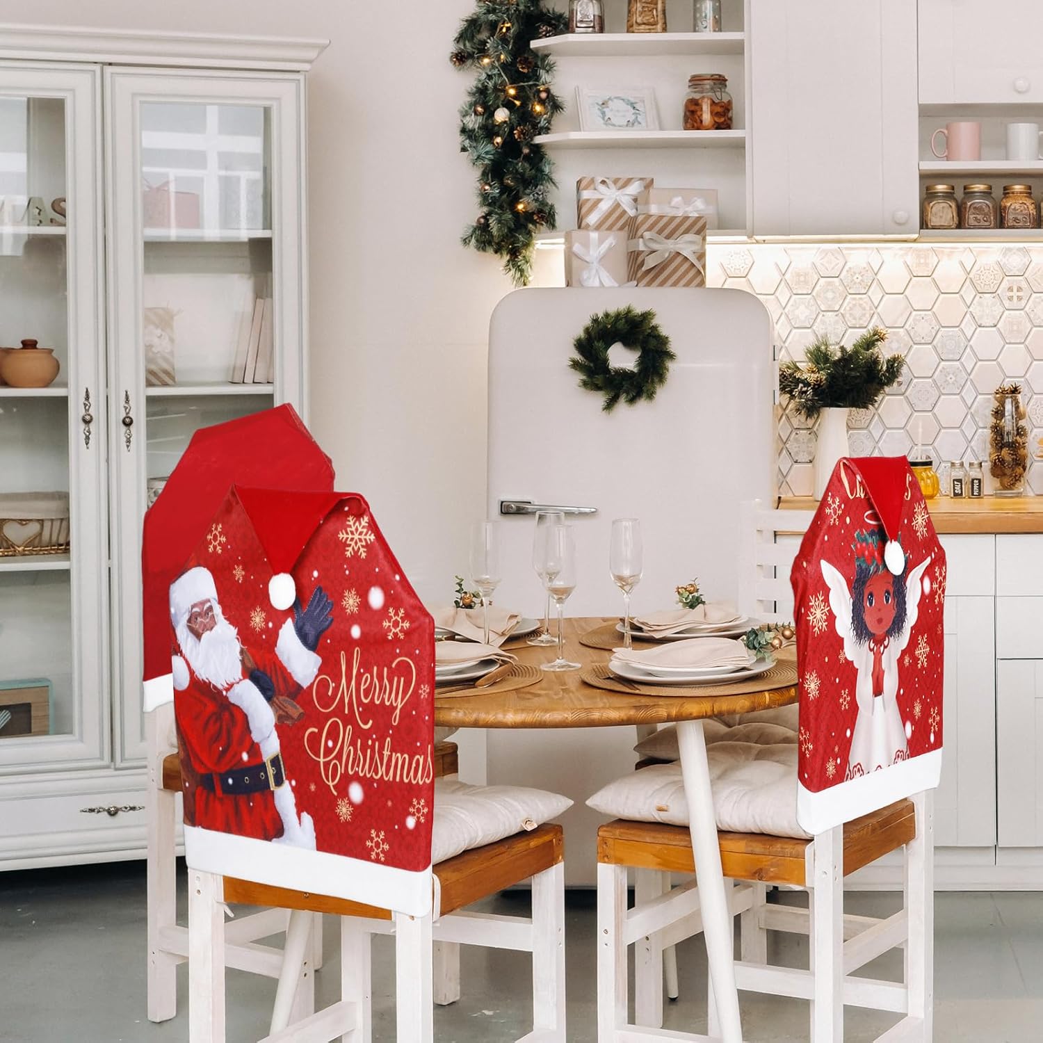 6 fundas para sillas de Navidad, decoración de Papá Noel, sombrero rojo, negro, Papá Noel, estilo ángel africano, funda para silla, cubierta