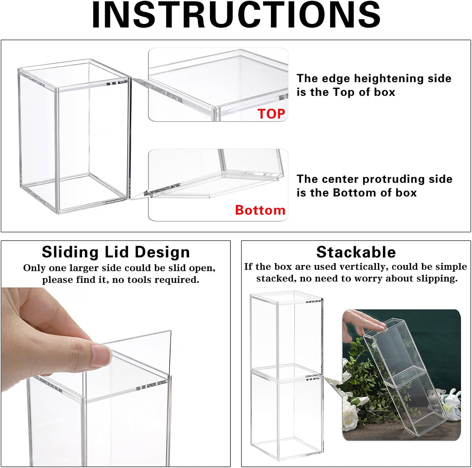 JUXYES Paquete de 2 vitrinas transparentes para mini figuras de acción, caja de exhibición de acrílico con puerta corredera, vitrina apilable cubo,