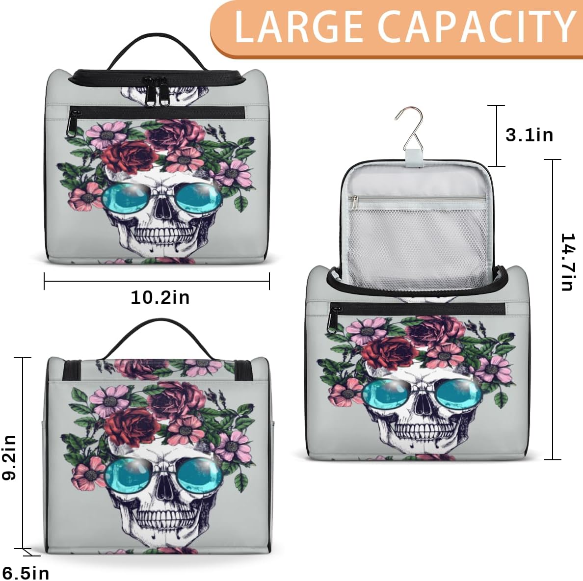 Day Of The Dead Sugar Skulls – Neceser para mujer, organizador de maquillaje de viaje con gancho para colgar, bolsas de cosméticos de viaje para