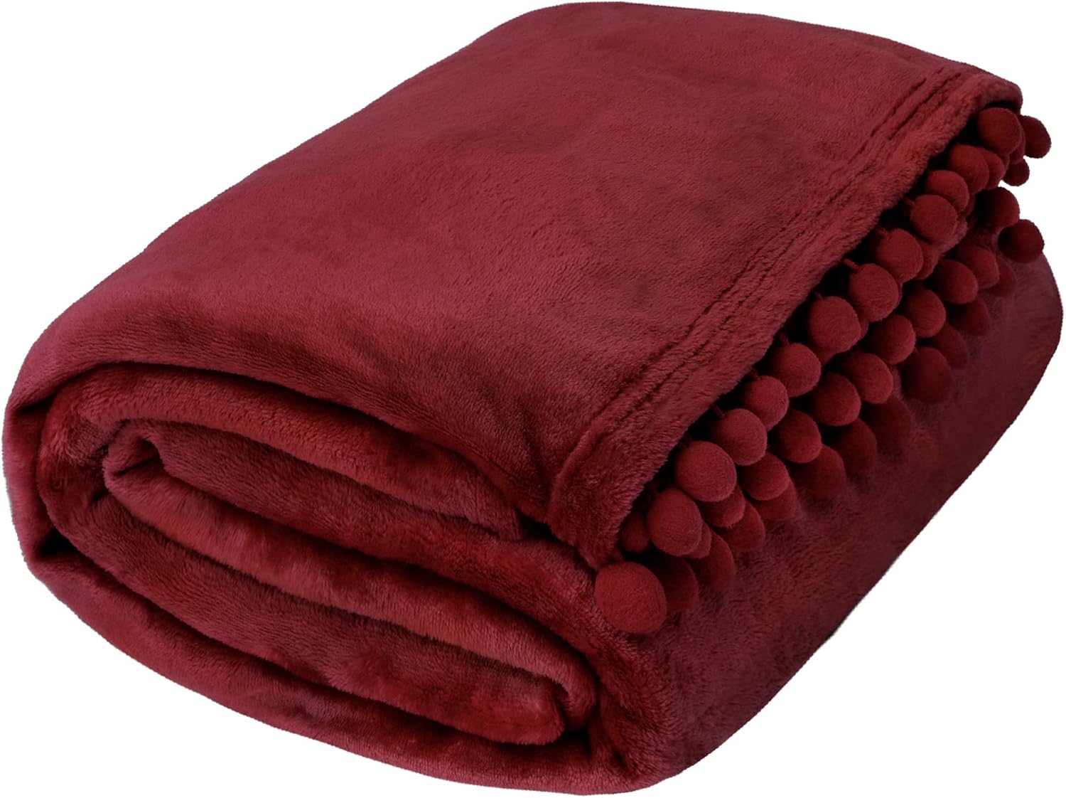 PAVILIA Manta roja granate con pompones, tamaño individual, suave forro polar acogedor con flecos y pompones, manta decorativa para el hogar, manta