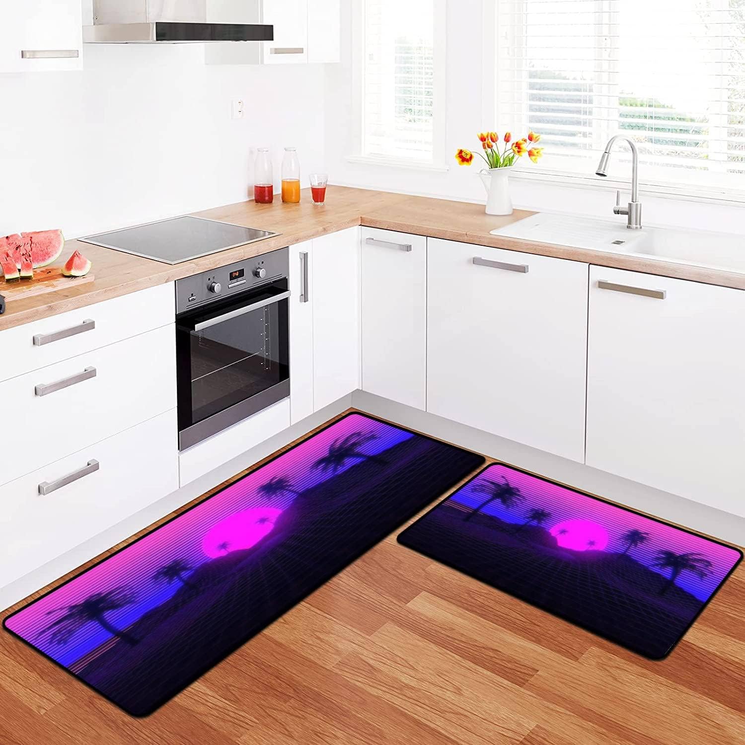 Juego de alfombras de cocina 3D inspirado en la escena de los años 80, synthwave y retrowave musical, tapete de cocina para piso, antideslizante,