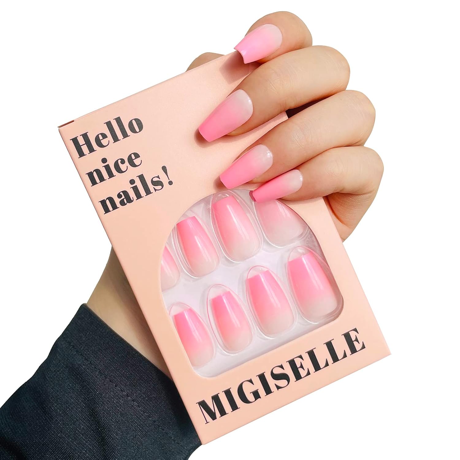 Uñas postizas a presión con forma de ataúd de color rosa degradado, medianas, uñas postizas con pegamento, reutilizables, 24 unidades, 12 tamaños,