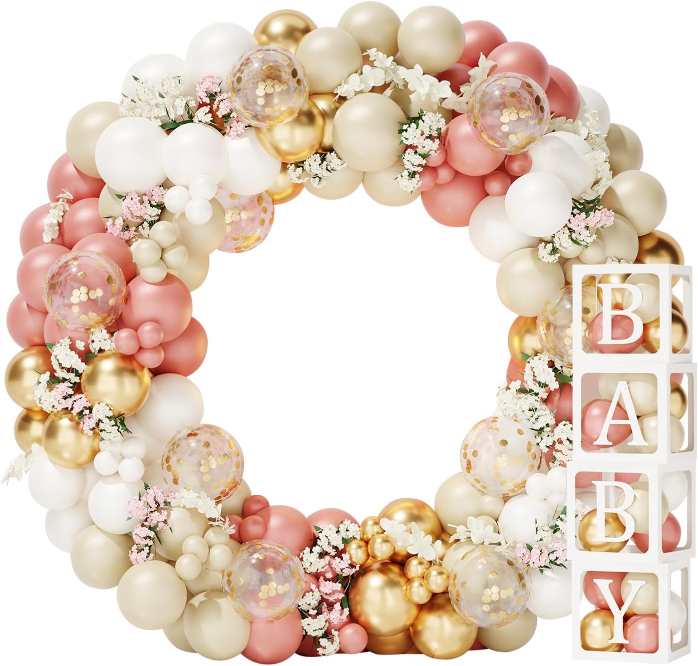 Decoraciones de baby shower para niña, kit de arco de globos retro rosa, blanco y dorado, 4 cajas con letras para baby shower, decoraciones de feliz