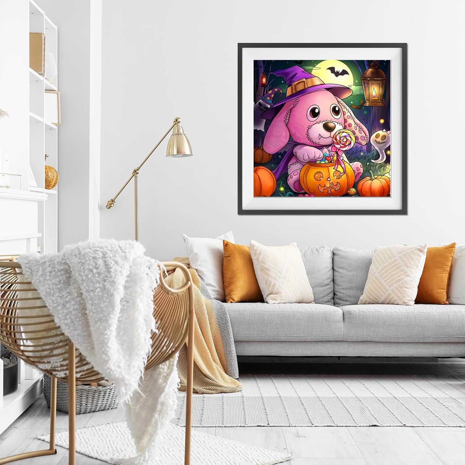 RICUVED Pintura artística de diamantes, kit de pintura de diamantes de conejo de Halloween para adultos, taladro redondo completo, calabazas de