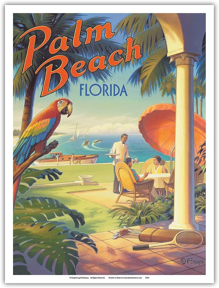 Kerne Erickson – Póster de viaje vintage de Palm Beach Florida, impresión artística maestra (sin marco) 9 x 12 pulgadas