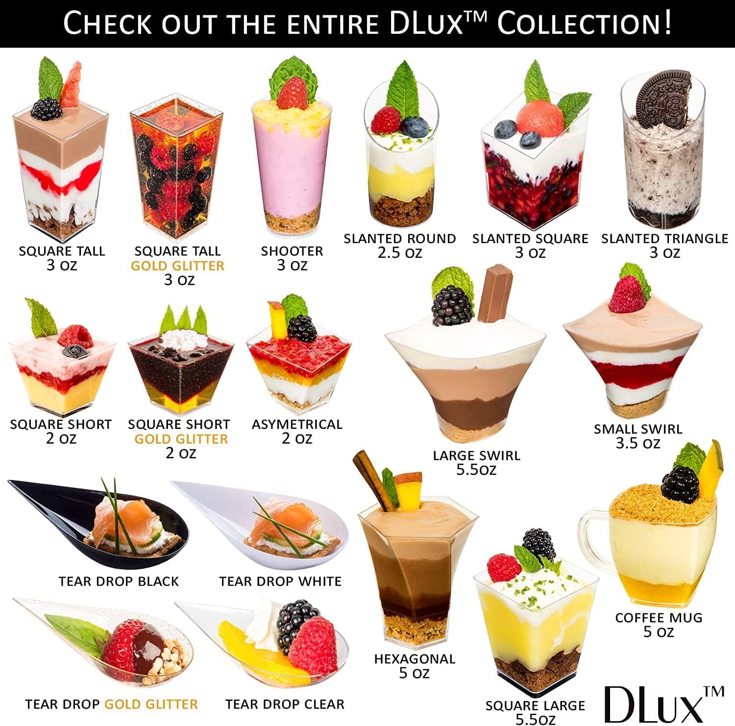 DLux 500 mini platos para aperitivos de 4 pulgadas, cucharas de plástico negro reutilizables, platos de postres y aperitivos, platos para servir,