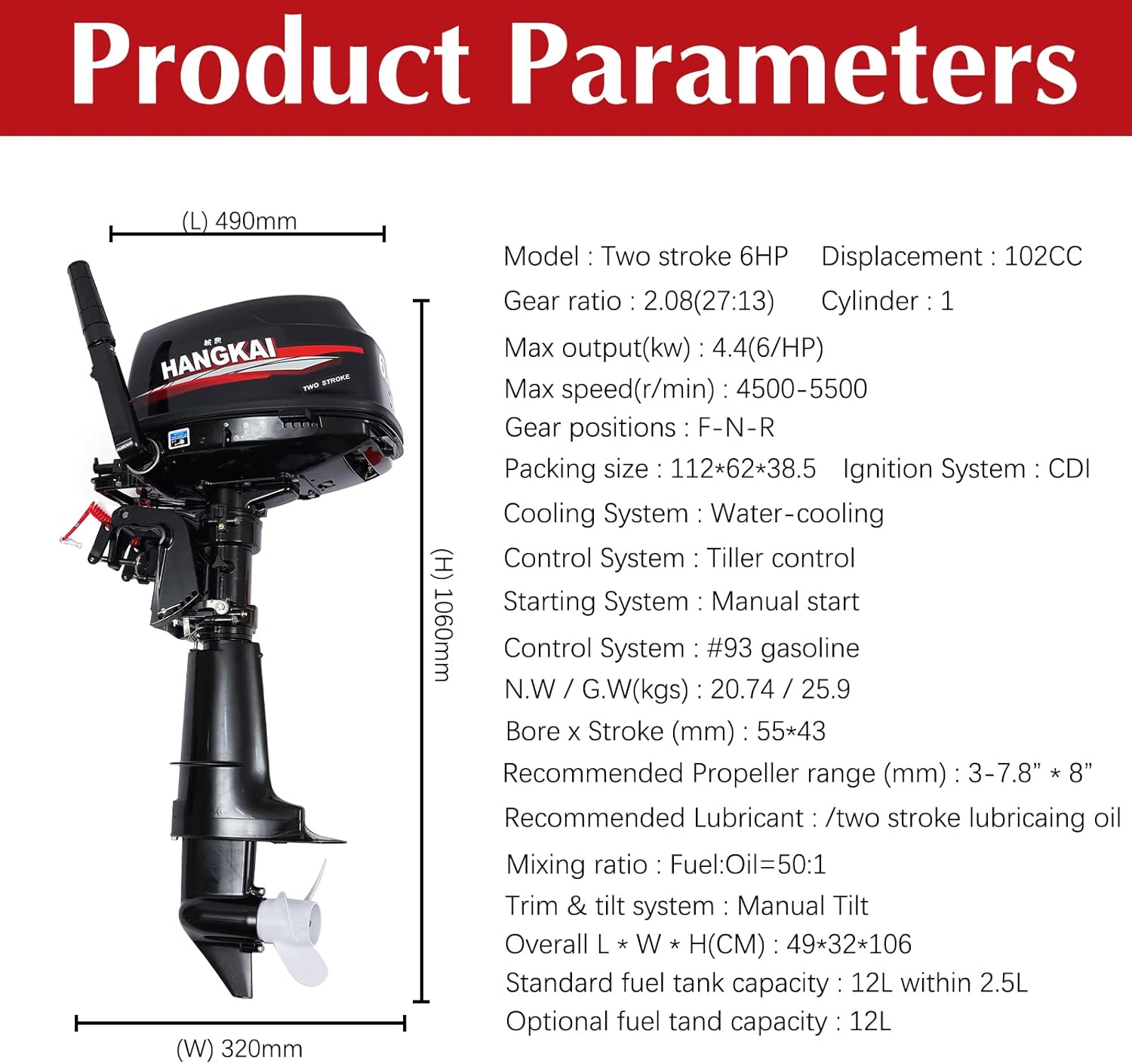 Motor fuera de borda de 6 HP, motor fuera de borda de 2 tiempos y 6 hp, motor de barco fuera de borda resistente, barco de pesca inflable de pesca,