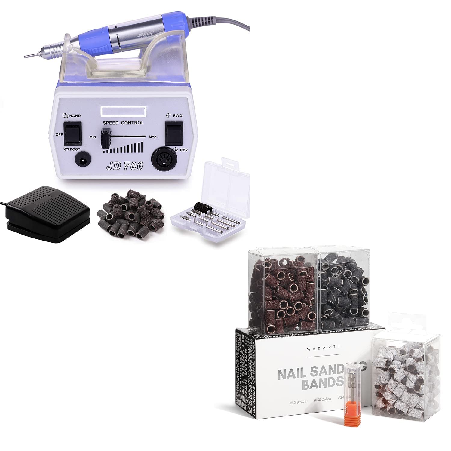 Makartt Taladro de uñas eléctrico JD700 profesional 30000RPM manicura taladro paquete con 300 unidades de limas de uñas bandas de lijado #80#150#240
