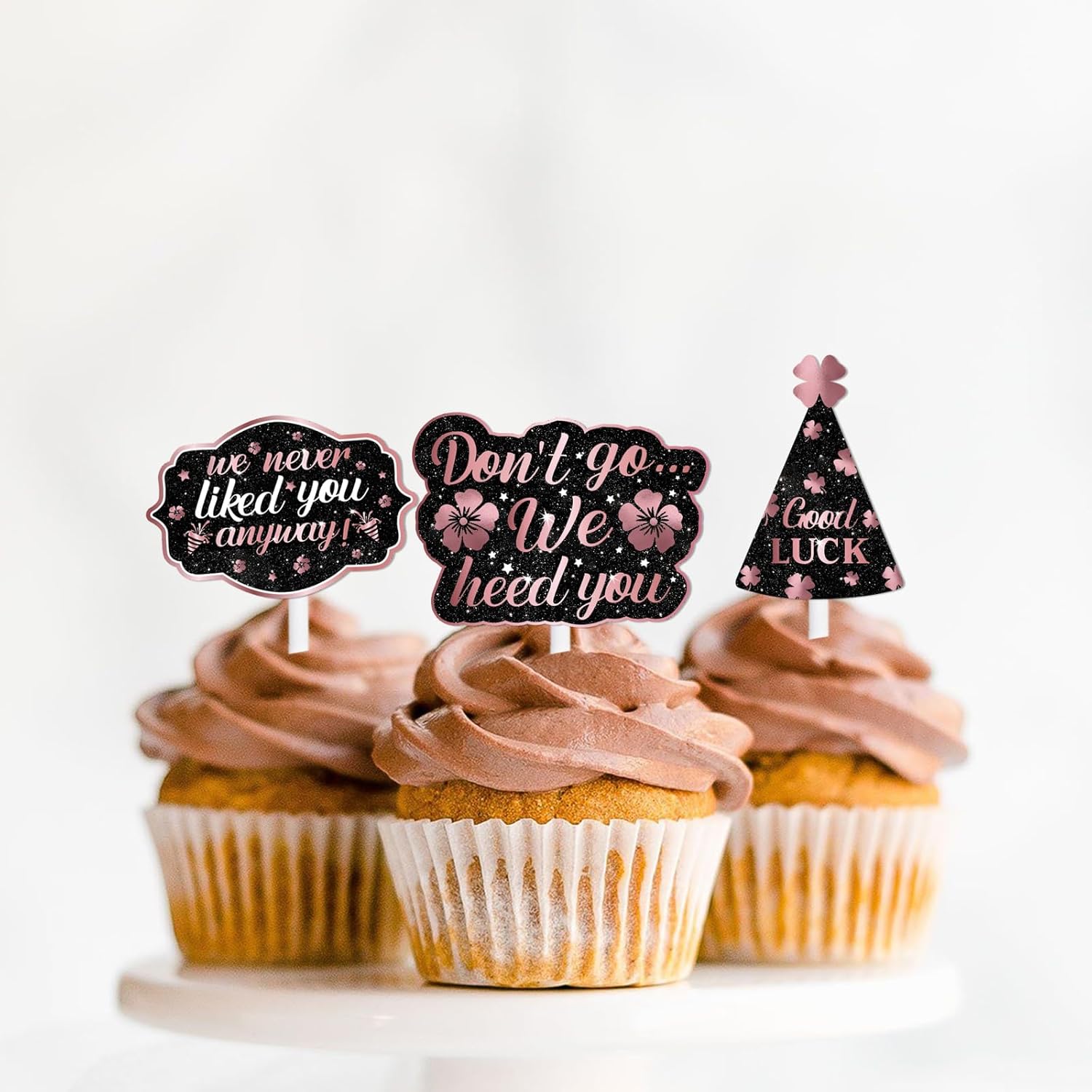 18 piezas de decoración de postre con purpurina rosa con texto en inglés “We Will Miss You Don’t Go We Peg You”, suministros de decoración temática