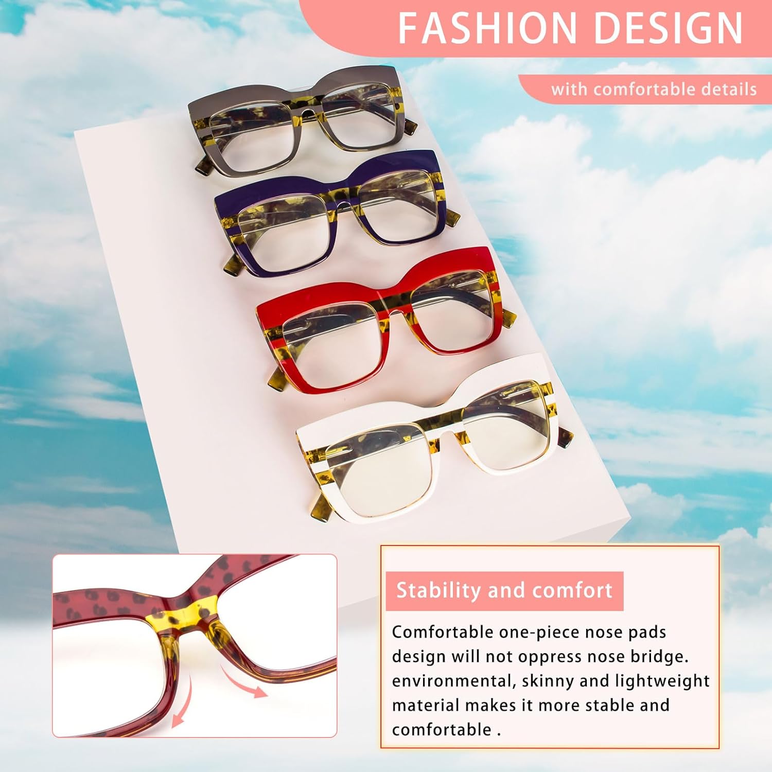 KoKoBin Paquete de 4 elegantes lentes de lectura de ojo de gato con marco grande para mujer, lectores retro de gran tamaño, bloqueo de luz azul