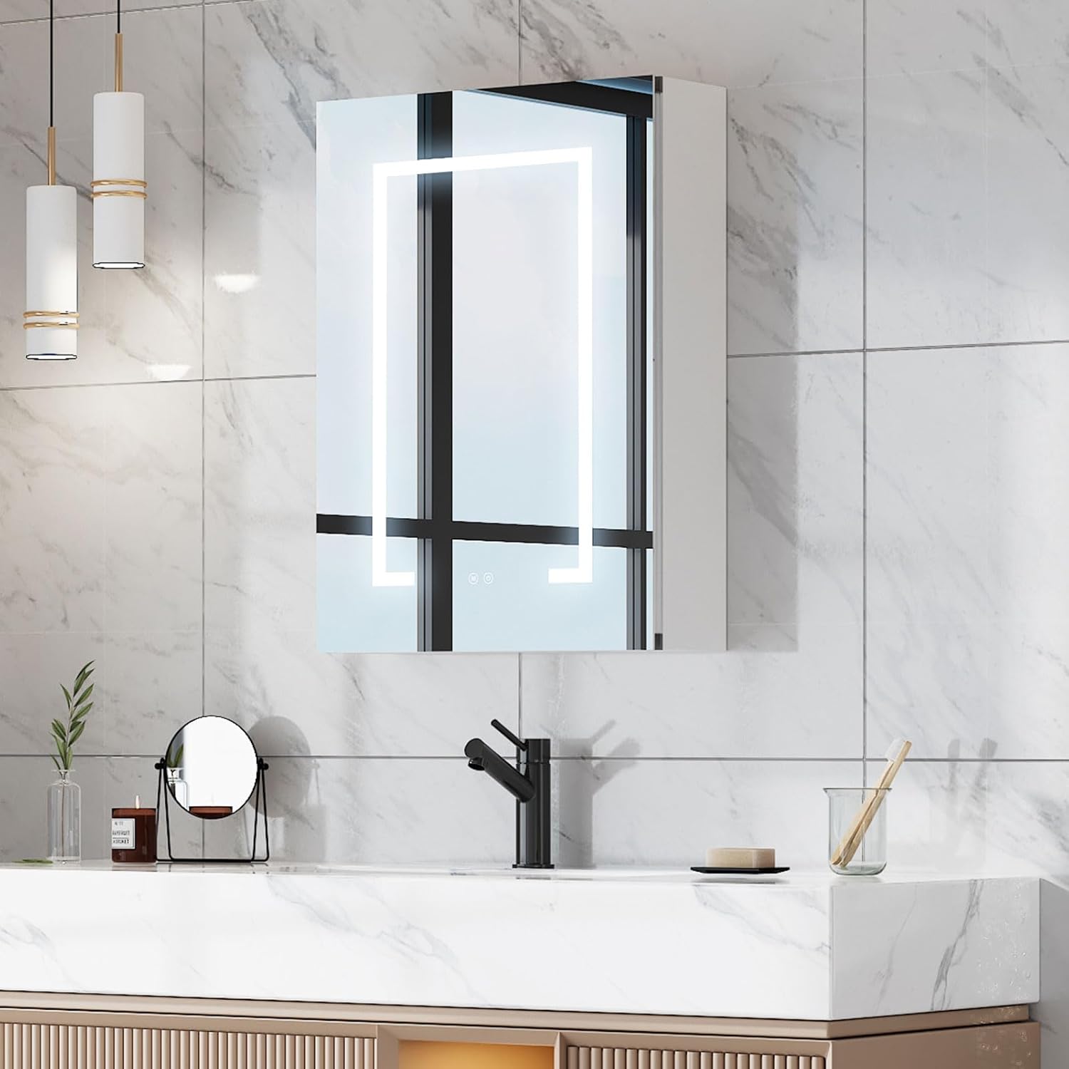 Botiquín, montado en la pared, baño, luces LED, marco de aluminio, 20×28 pulgadas, desempañador, almacenamiento