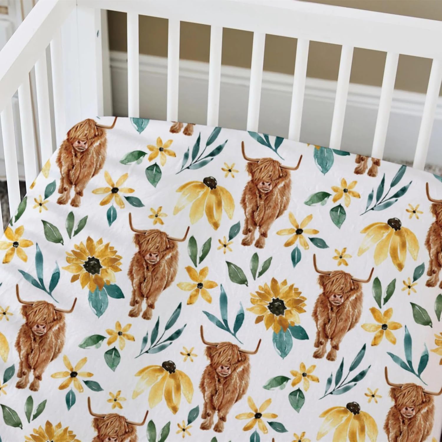 Highland Cow – Sábana bajera estándar para cuna para bebé, diseño de flor de yak de animales de granja occidental, suave y elástica, decoración