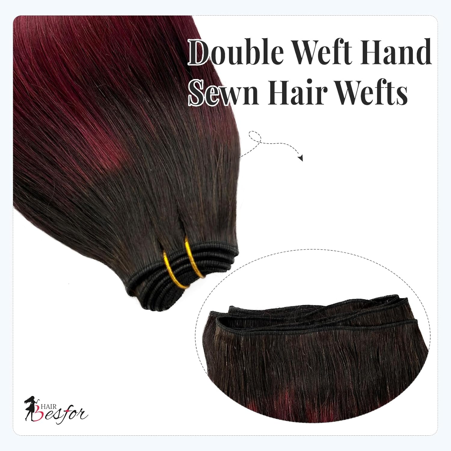 Extensiones de cabello humano para coser, color burdeos, atadas a mano, extensiones de cabello de trama de 16 pulgadas, sedosas y lacias,
