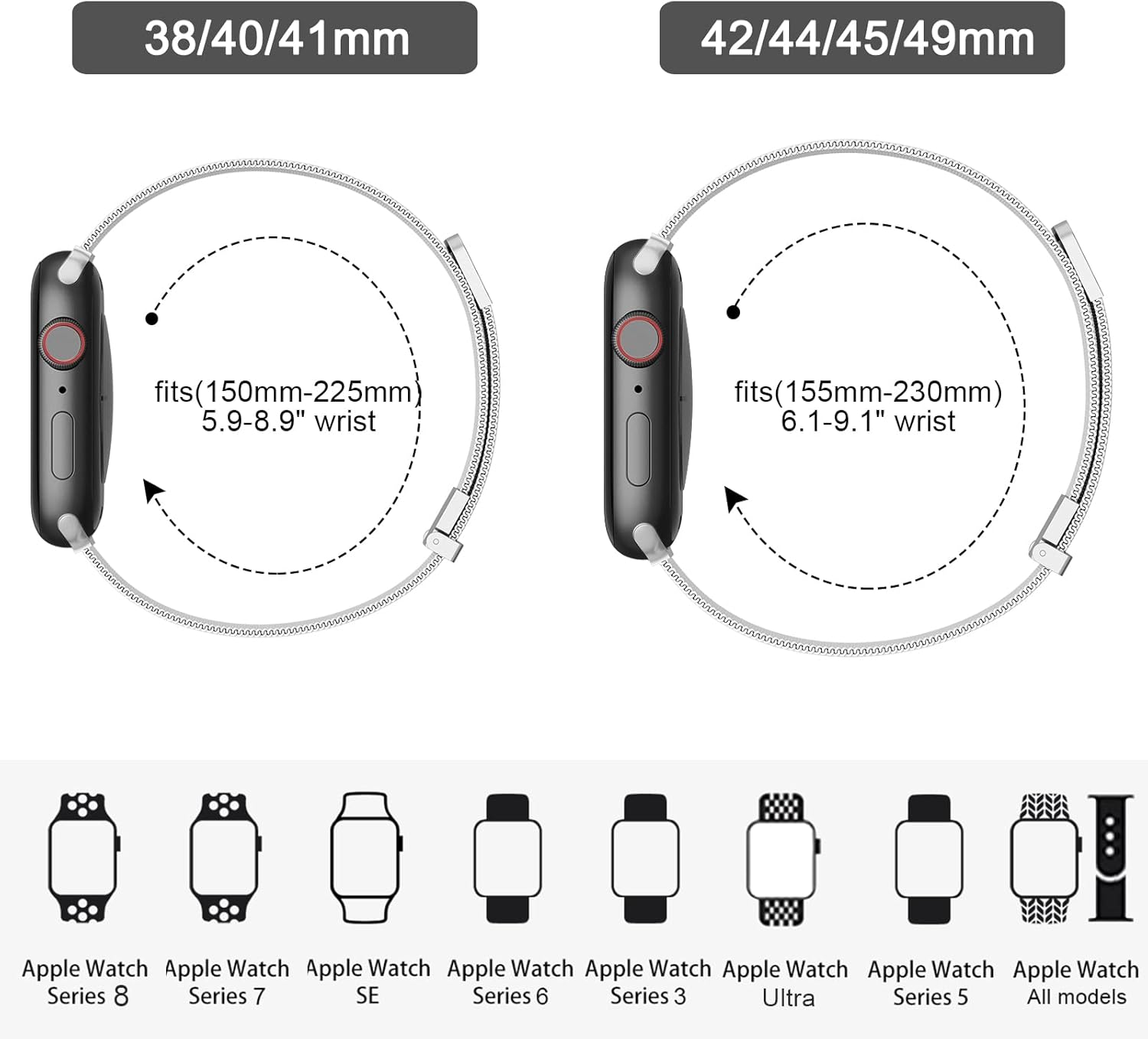 Vanjua Correa de metal compatible con correas de Apple Watch de 1.614 in 1.575 in 1.496 in 1.654 in 1.732 in 1.772 in 1.929 in, correa de repuesto