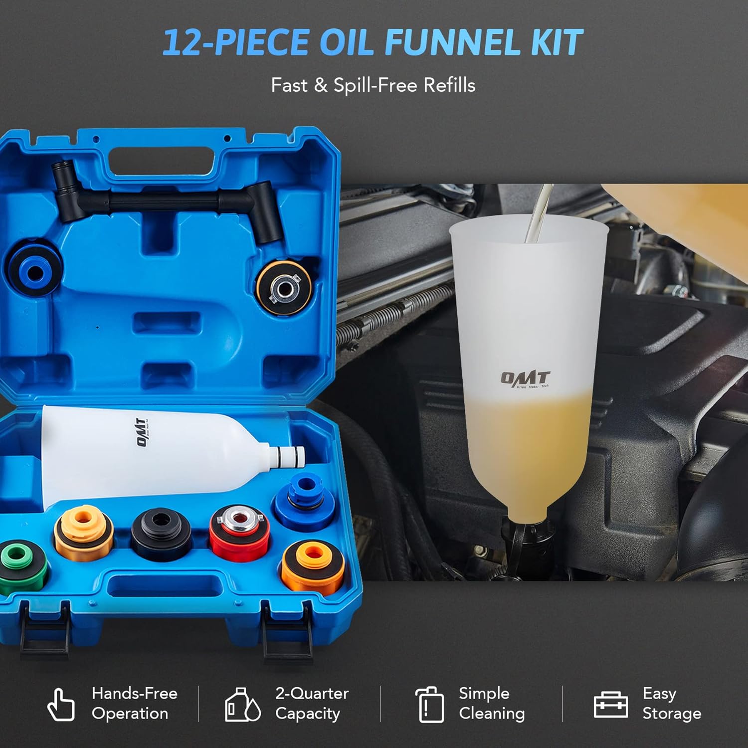 Orion Motor Tech Juego de embudo de aceite de motor, embudo de 2 cuartos de galón para uso automotriz con extensión flexible y 8 adaptadores
