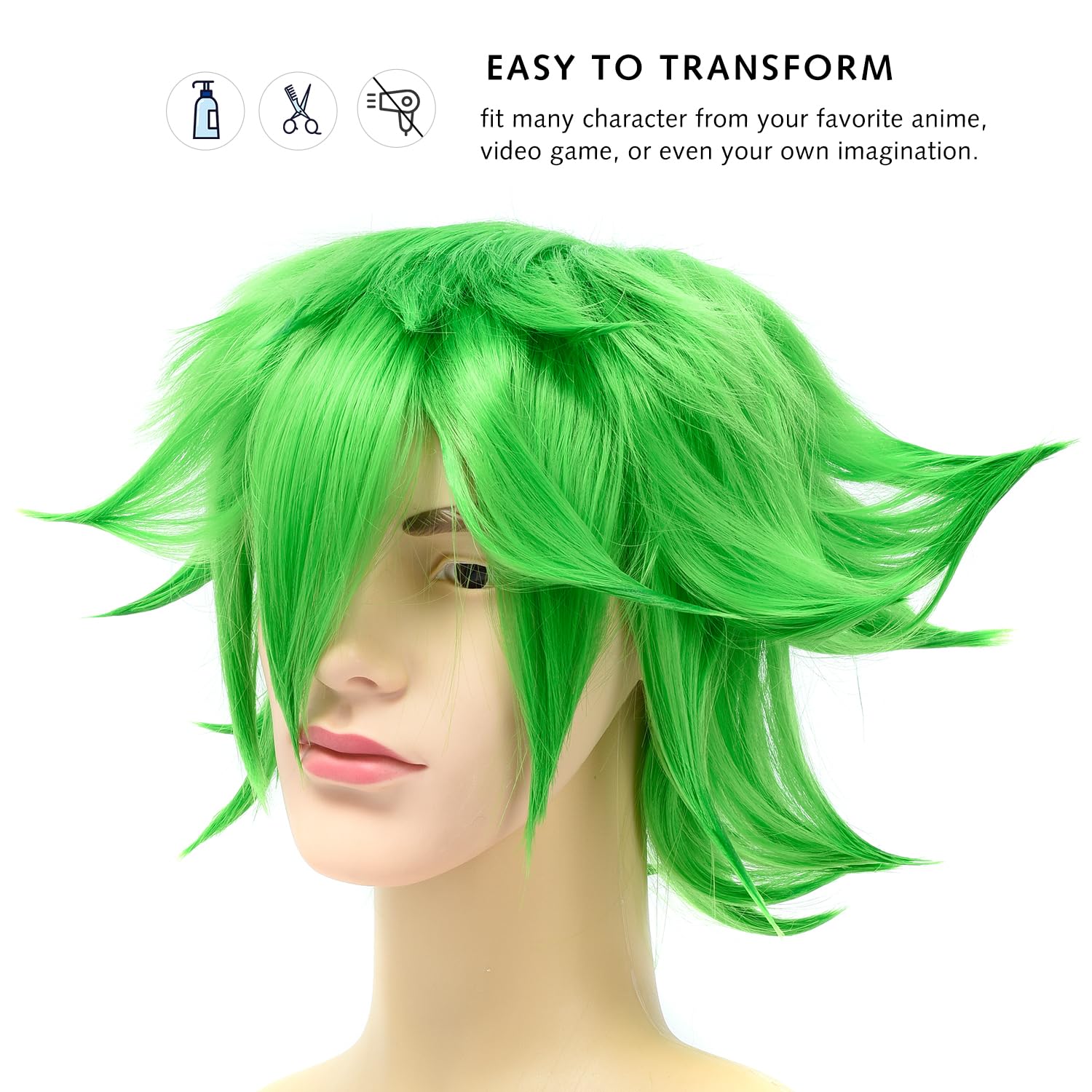 Rose bud Peluca de anime de Halloween verde para fiesta de cosplay, pelucas de pelo corto sintético en capas con flequillo, pelucas pastel para