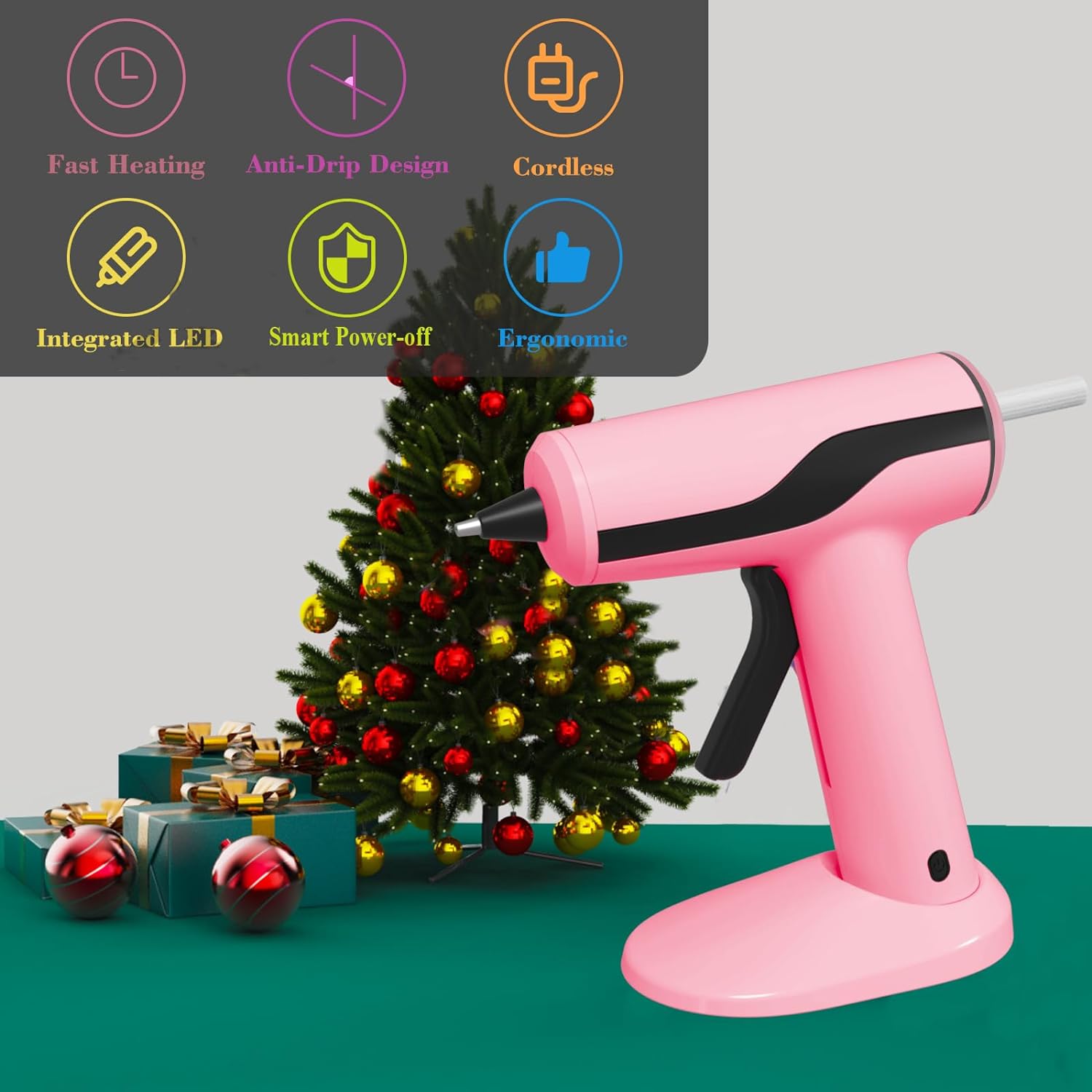 MONVICT Kit de pistola de pegamento caliente inalámbrica, mini pistola de pegamento rosa recargable USB-C con 40 barras de pegamento premium, 10