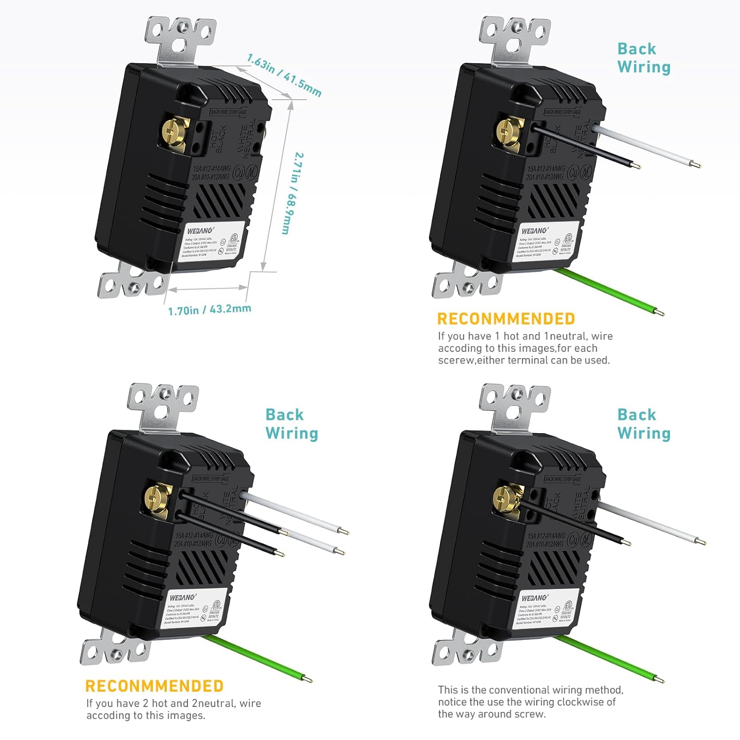 WEBANG Toma de corriente USB de 25 W y 5.0 amperios, toma de corriente de carga de 15 A con puertos USB, placa de pared sin tornillos incluida,