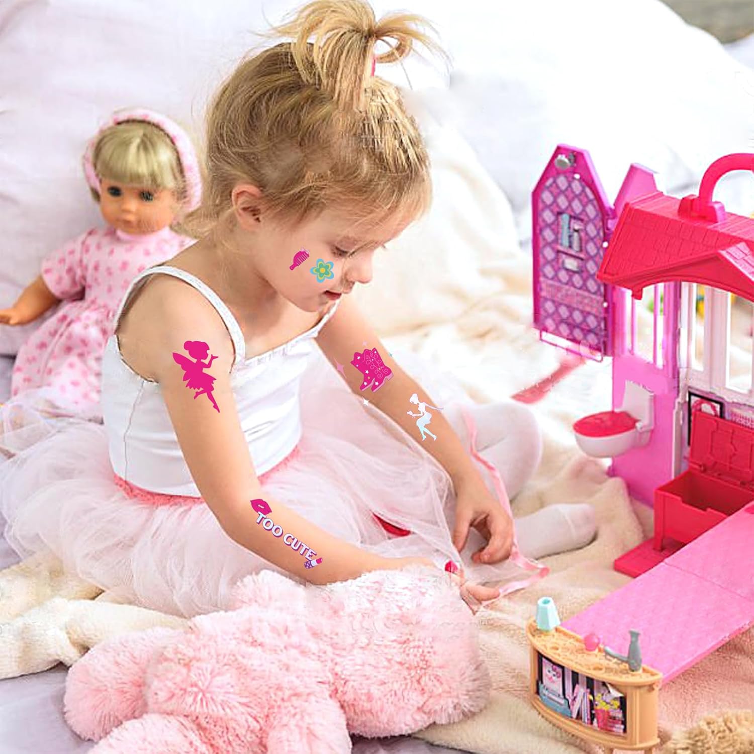 Konsait 96 tatuajes temporales de color rosa con purpurina para niños y niñas, tatuajes temporales para fiesta de cumpleaños, tatuajes impermeables